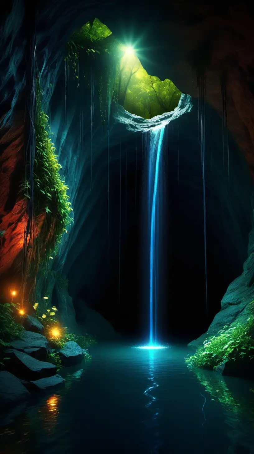 Enchanting Cave Waterfall with Luminous Fireflies and Vibrant Greenery