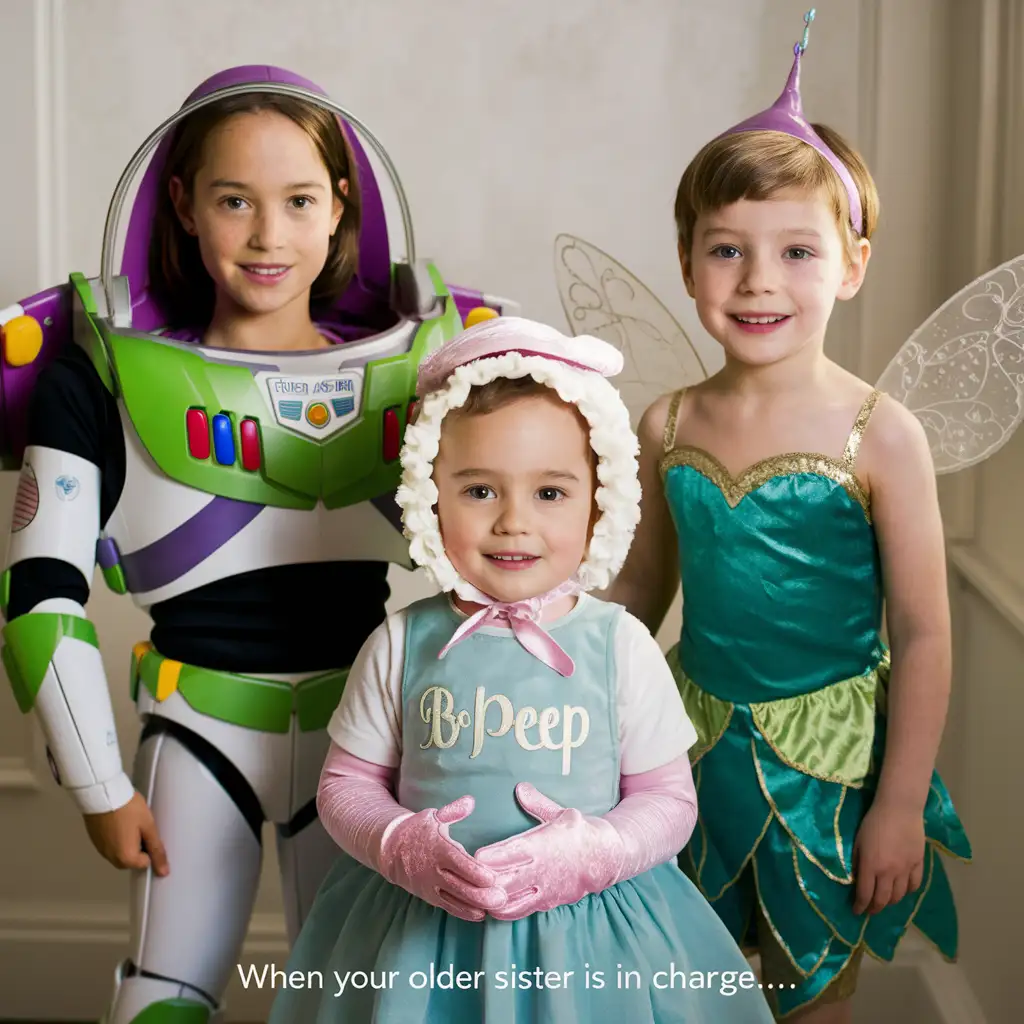Gender role-reversal, full-body Photograph of a cute 9-year-old girl with long hair in a ponytail wearing a Buzz Lightyear costume, a white cute 7-year-old little boy with short smart spiky hair shaved on the sides wearing a tinkerbell fairy dress, and a white cute 5-year-old little short-brown-haired boy short smart spiky hair shaved on the sides wearing a frilly white Bo Peep dress and gloves and bonnet and holding a crook and a red apple, adorable, perfect children faces, perfect faces, smooth skin, photograph style, the photograph is captioned below “When your older sister is in charge…”