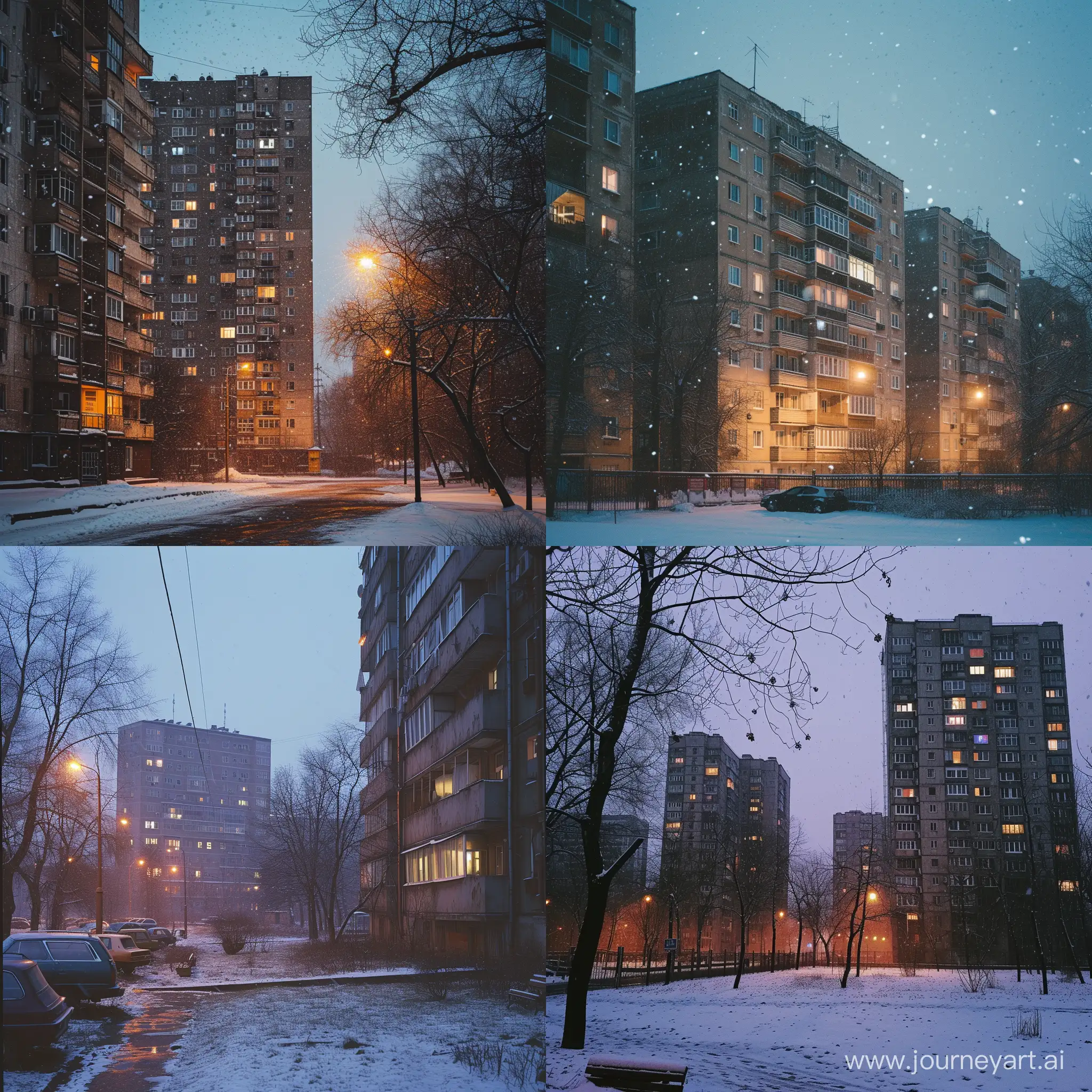 Russia, soviet post modernism buildings, evening, a little snowfall, evening.