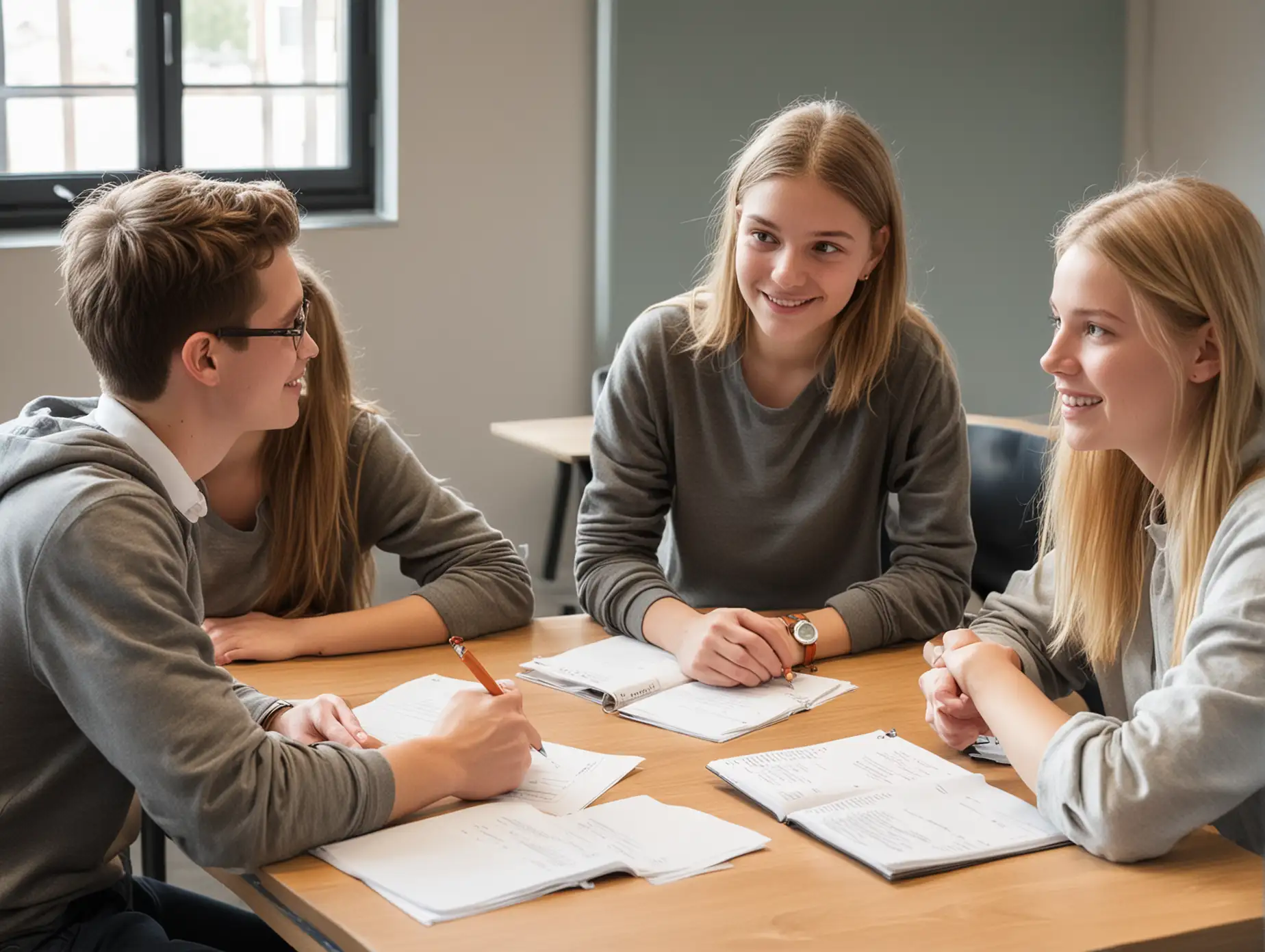  3 dutch leerlingen zit samen en bespreekt actief hun individuele leerdoelen, waardoor het stimuleren van eigenaarschap wordt geïllustreerd. white students young
