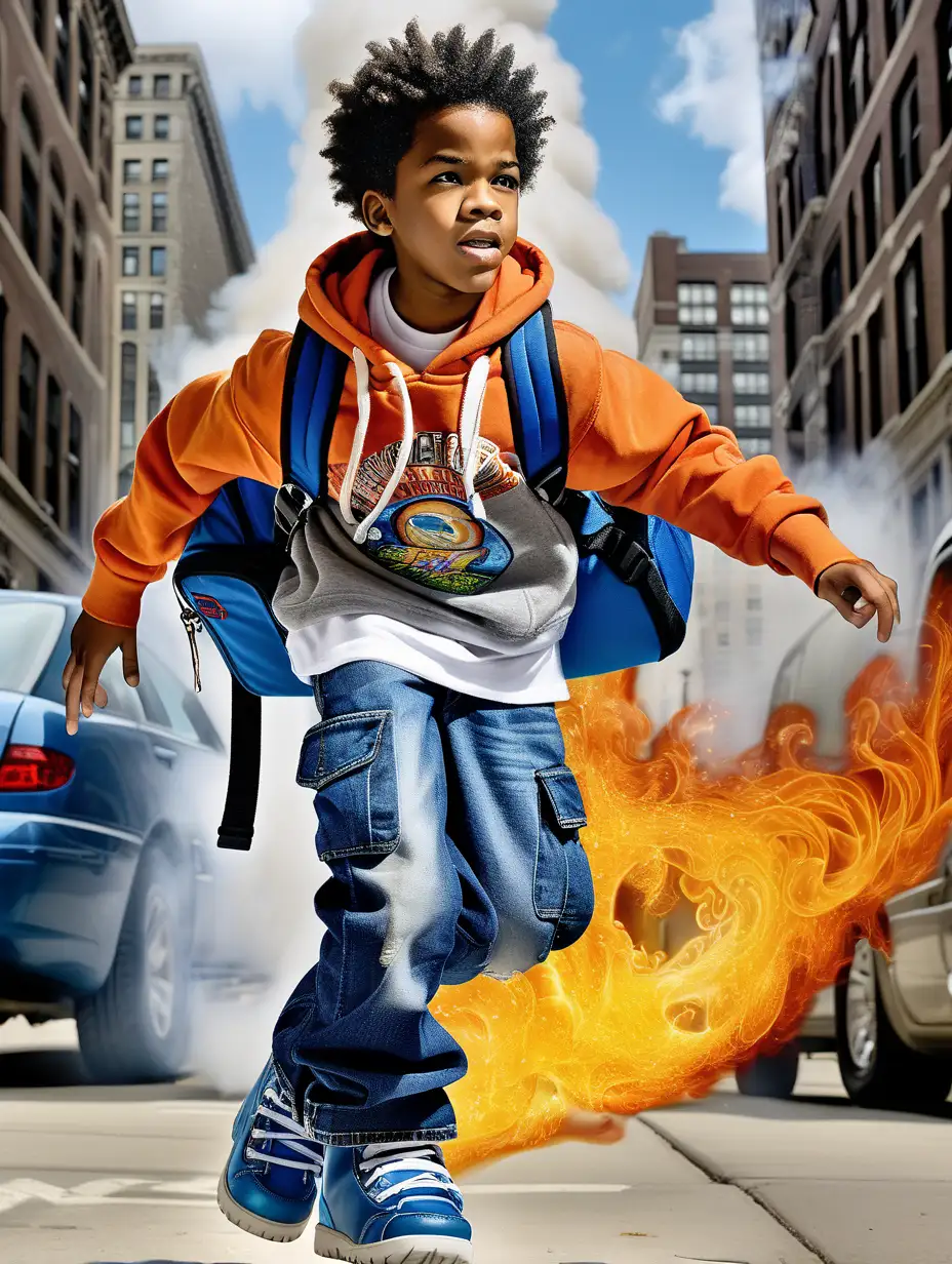 twelve year old African American boy, dressed in hip hop culture clothing, wearing a school book-bag, the book-bag has rocket-jet propulsion flames coming out of the bottom of it, he is wearing  moon boots, his face is exuberant but focused with the mind to conquer all challenges.  The background is the busy, urban streets of Chicago Illinois