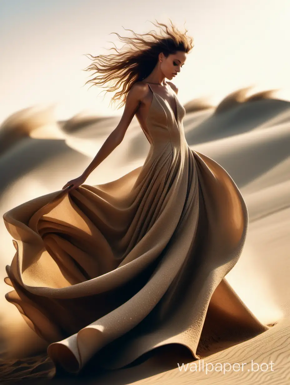 candid wide shot photo
 of a high fashion woman wearing a beautiful surreal gown made of sand, sand blowing in the wind, 35mm photography, sunset lighting, surreal, fantasy, weird  --c1000 --s 1000 --w 1000
