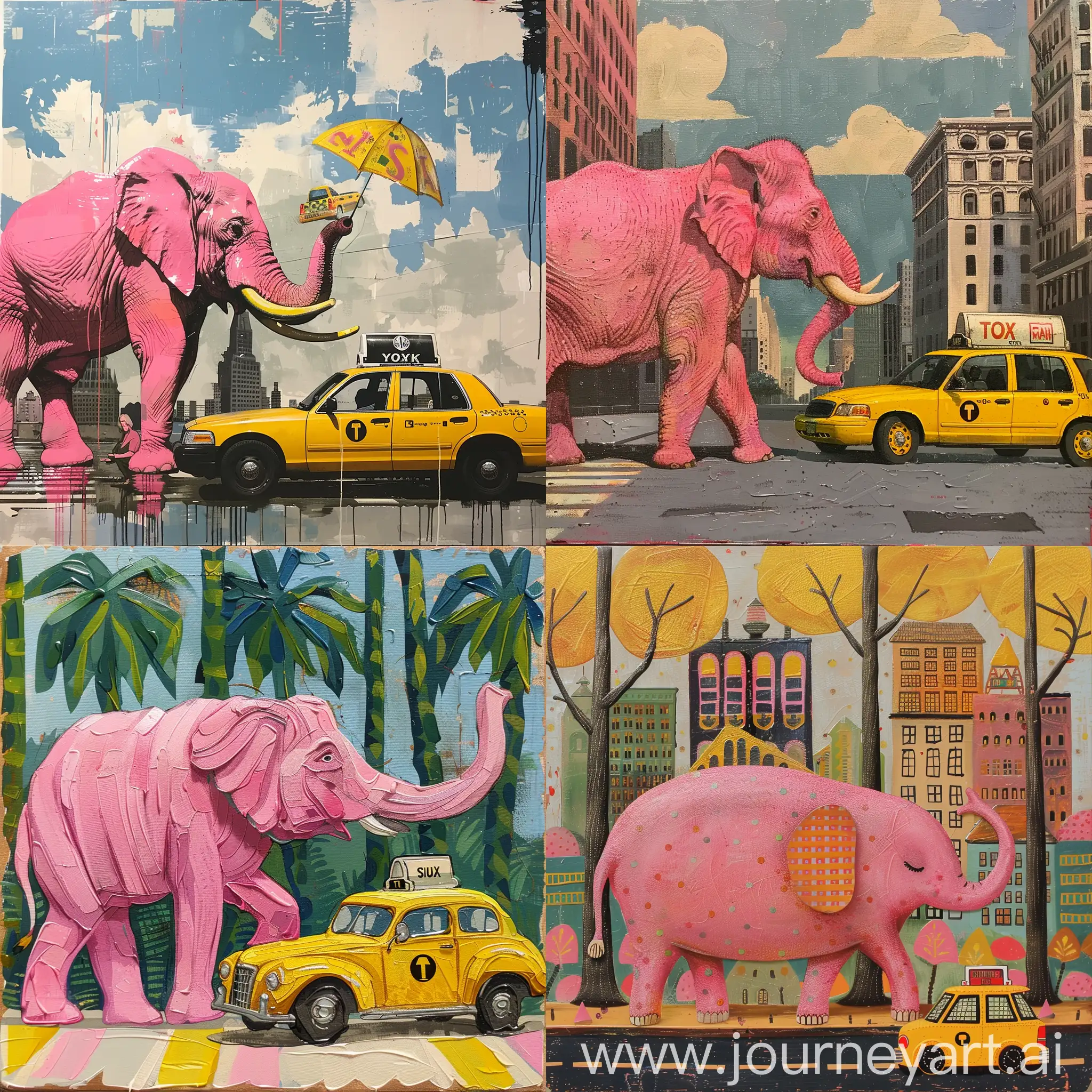 Whimsical-Pink-Elephant-and-Yellow-Taxi-in-Urban-Setting