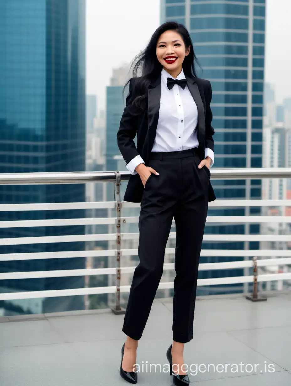 The scene is a scaffold at the top of a skyscraper. A beautiful smiling and laughing Vietnamese woman with tan skin, long black hair, and lipstick, mid-thirties of age, is walking straight forward, looking at the viewer.  She is wearing a tuxedo with a black jacket and black pants.  Her shirt is white with double French cuffs and a wing collar.  Her bowtie is black.   Her cufflinks are large and black.  She is wearing shiny black high heels.  Her jacket is open.