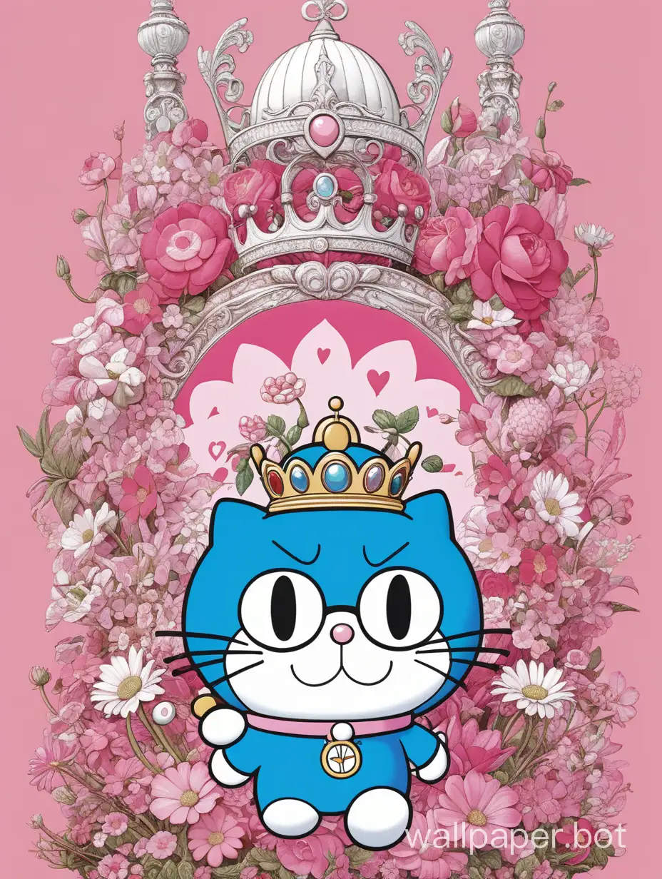 Pink Doraemon, pink garden, love glasses,Demon's Crown, in style of Asaf Hanuka