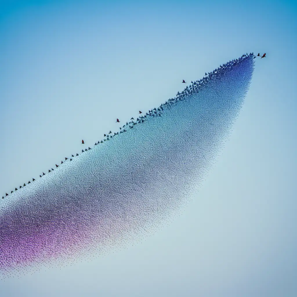 Vibrant Flock of Starlings Soaring in Synchronized Flight