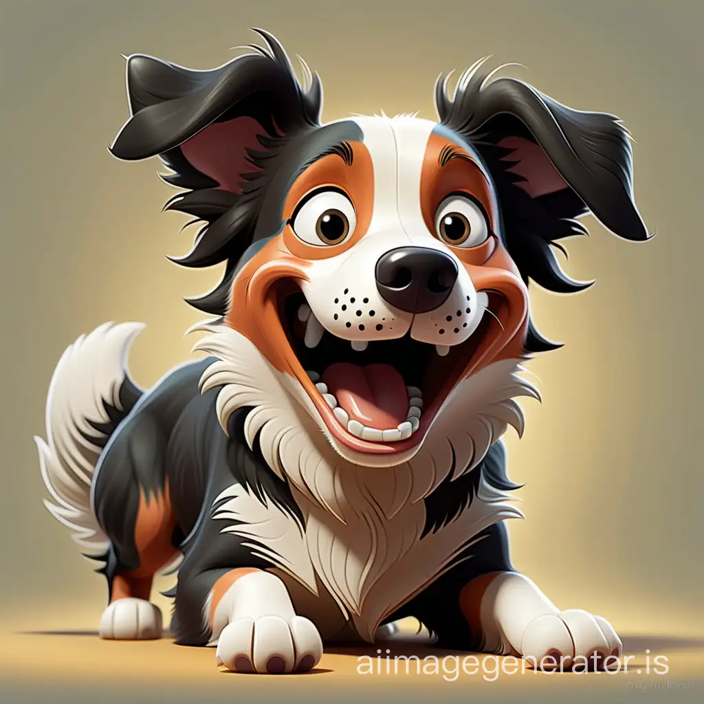 cartoon illustration of young tri colour border collie excited