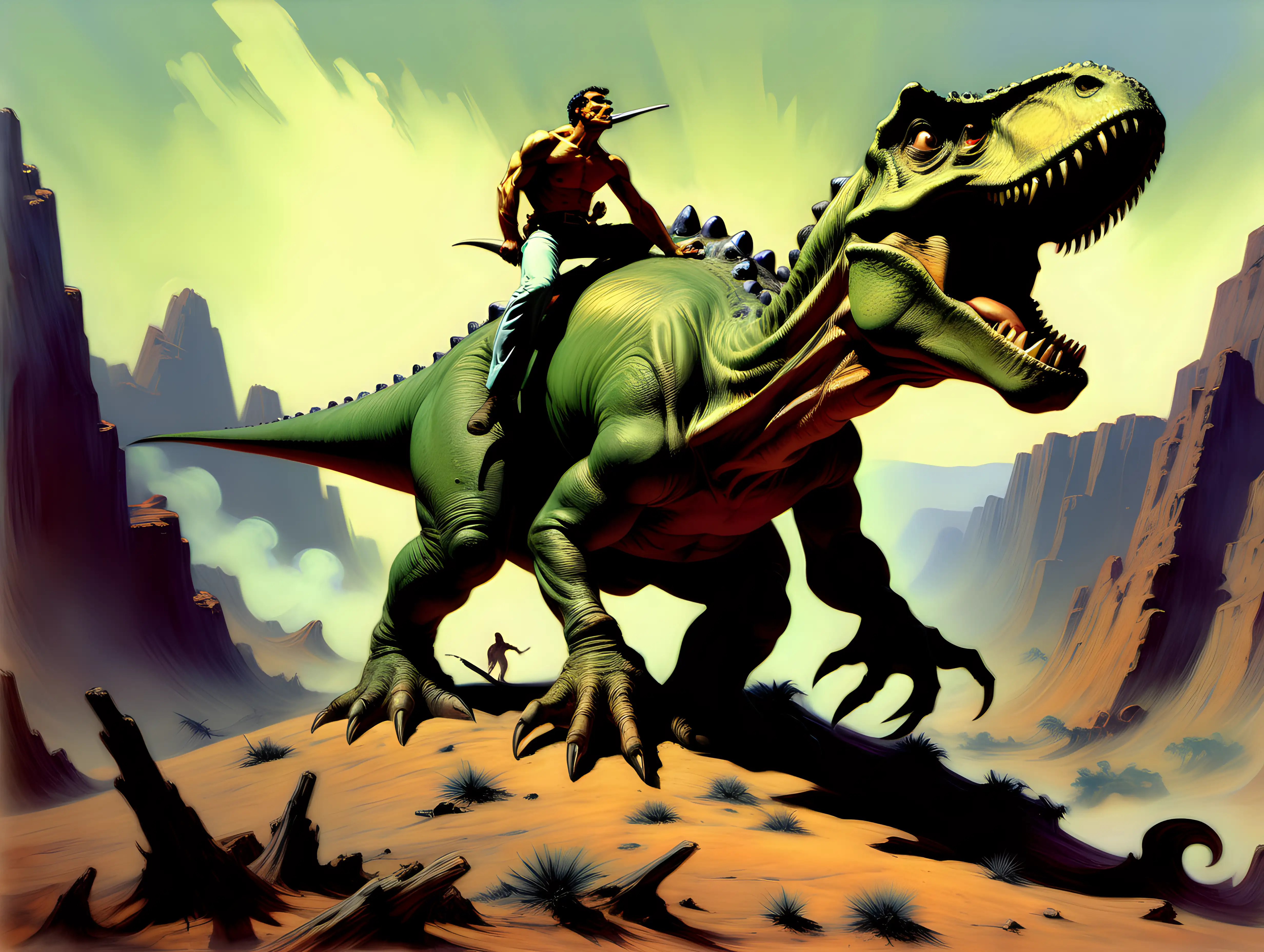 man on the back of a dinosaur stuck in the valley of death 
Frank Frazetta style