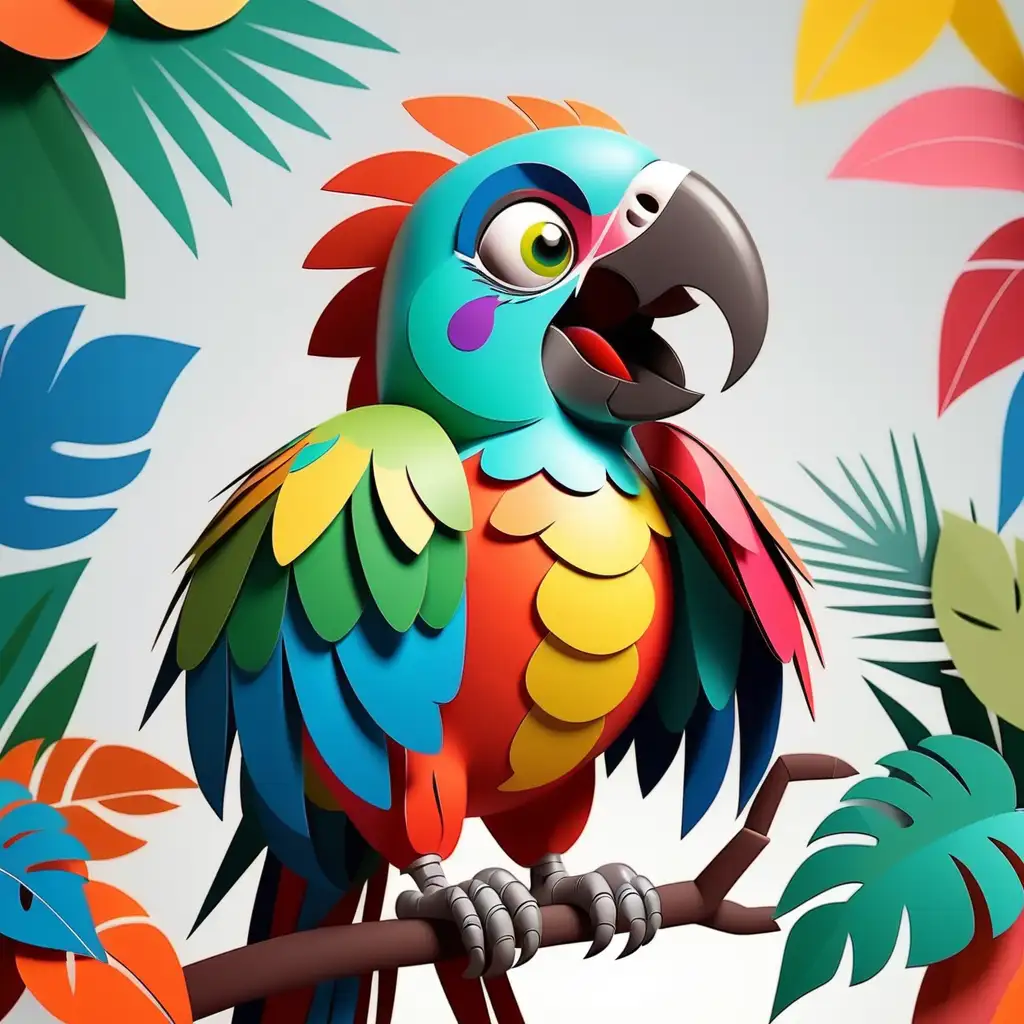 a cute colorful parrot use paper cutout style with clear background