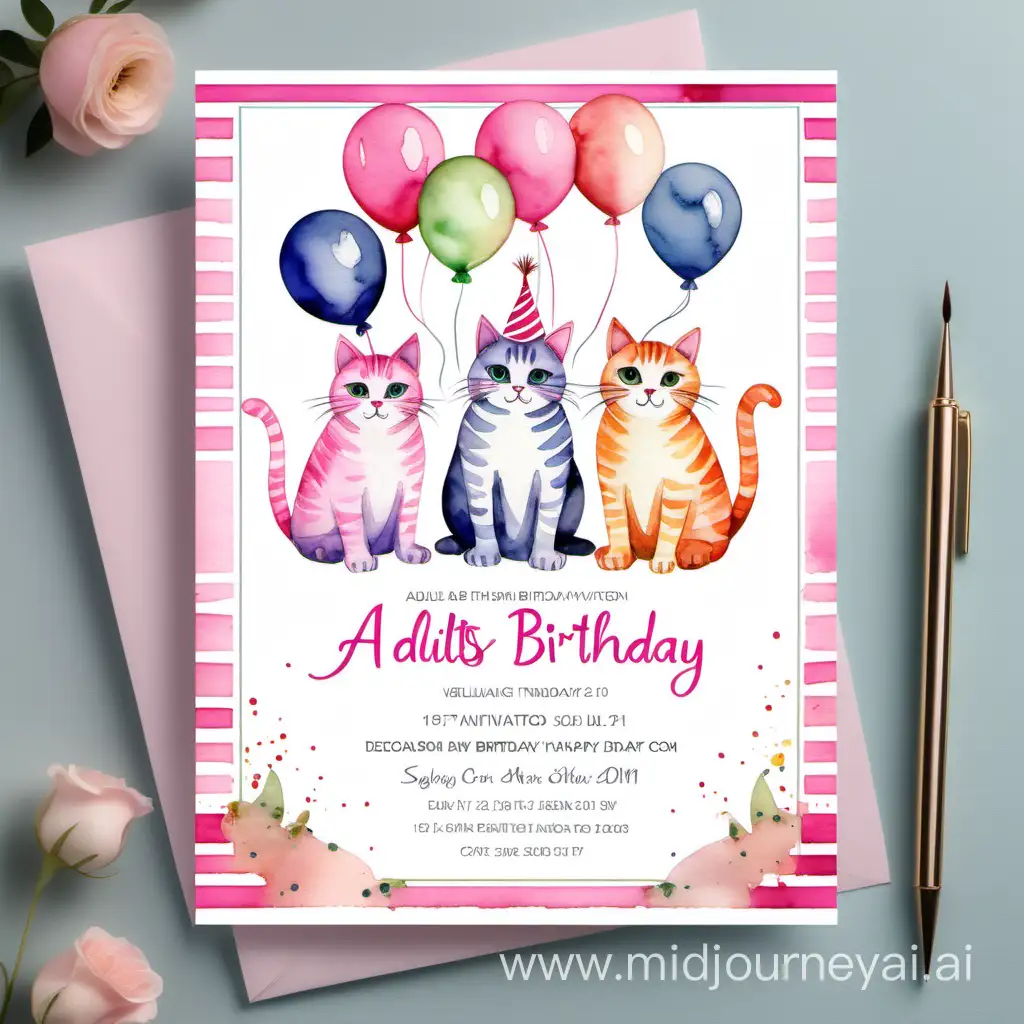  Adults birthday invitation decorated with watercolour cats and a pink border