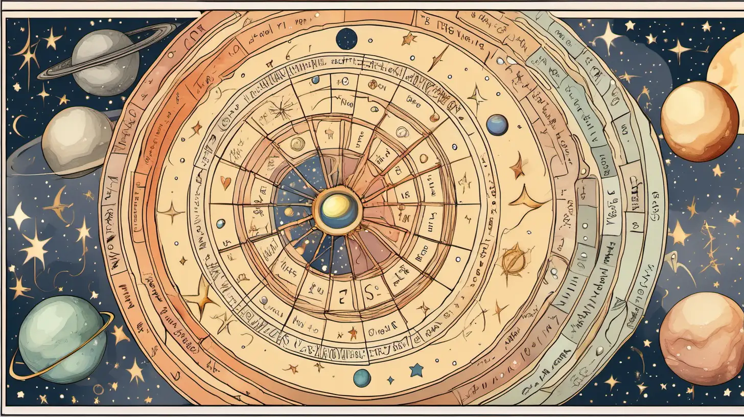 astrological wheel,with love letter clipart ,, loose lines, muted colors,  , mercury, moon, planets, 