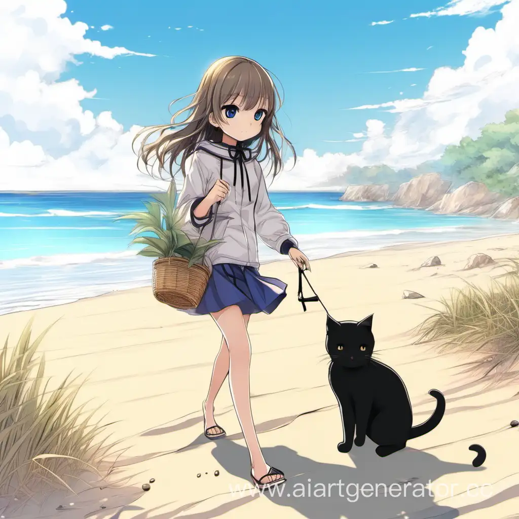 Милая девушка аниме с кошко гуляет по пляжу
