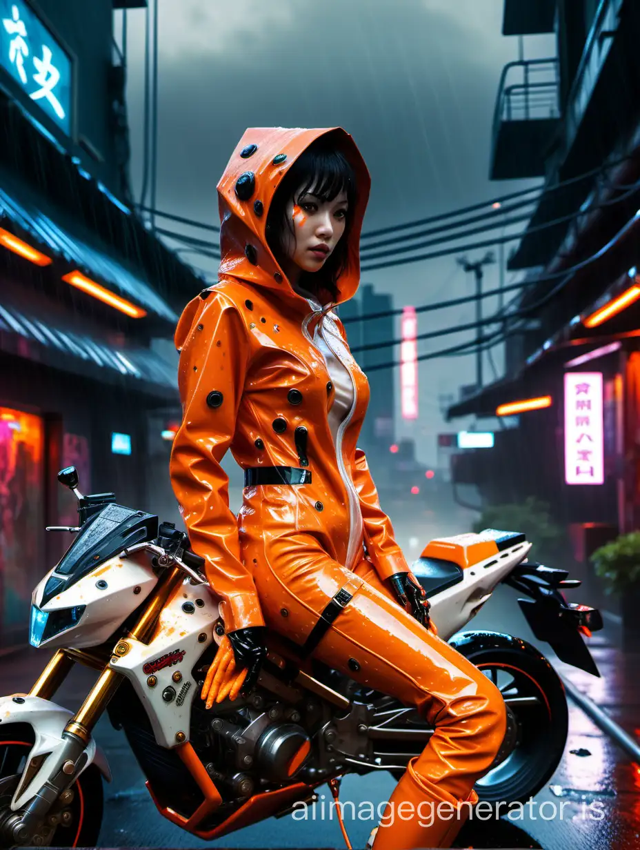 Rain splattered,cyberpunk 20 year old japanese woman, wearing a tight flitting orange pvc motorcyle suit with transpatent pvc cutouts ,white boots. transparent pvc rain spotted hood, integrated orange cyberpunk motorcycle shoulder pac. crouching on a roof overlooking a futuristic. cyberpunk dark rainy roof with neon signs, lit by coloured neon lights. hyper realistic photograph , high detail, realistic eyes, realisic face. glistening with rain, wet hair.