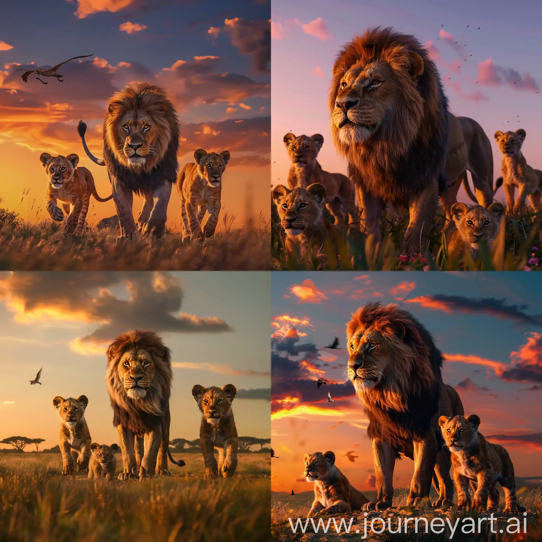 Documentary footage of a lion family roaming in the savannah, highly detailed, 8k, vibrant, ultra-detailed, realistic, cozy sunset