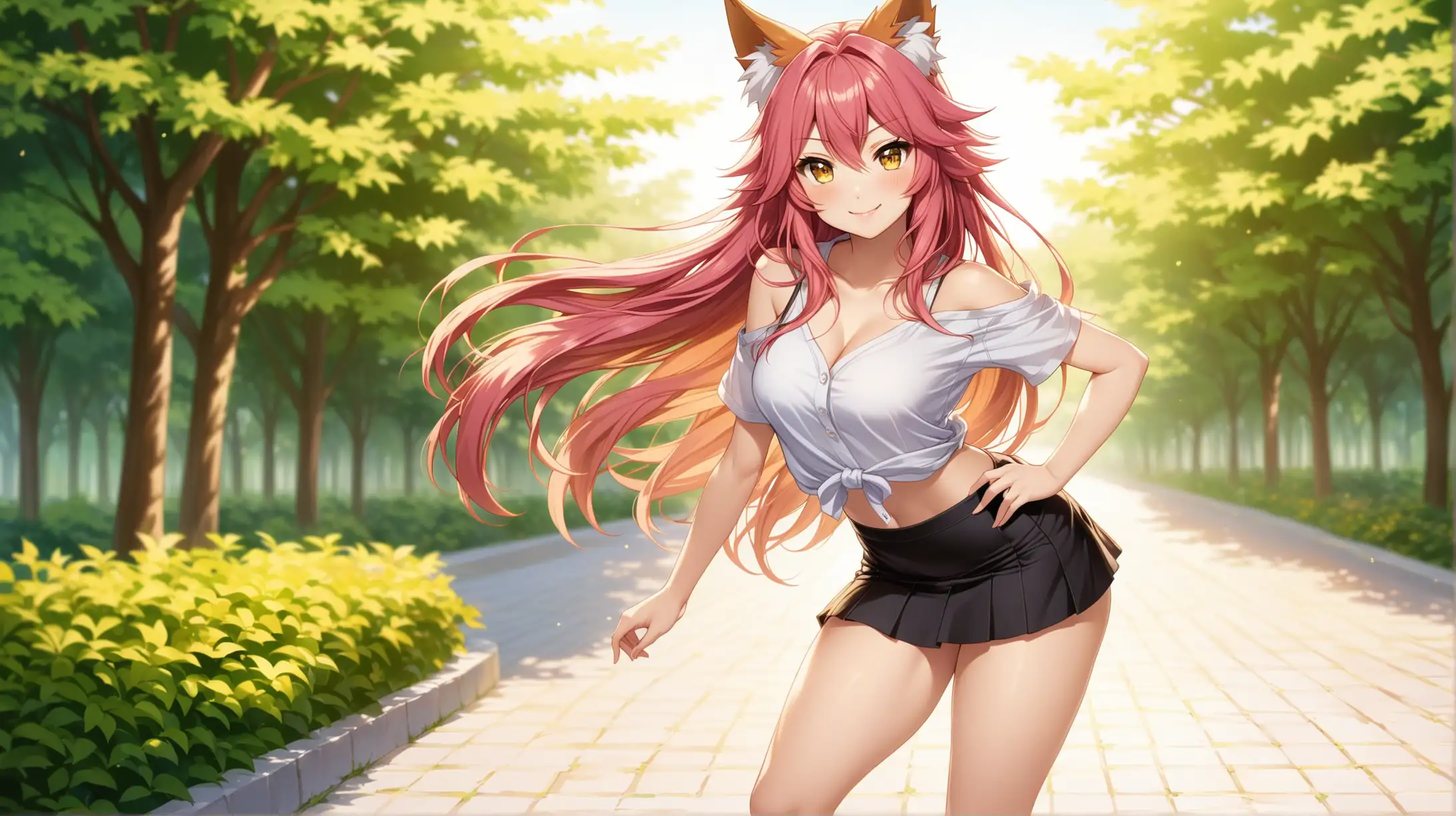 Draw the character Tamamo no Mae, pink hair, gold eyes, high quality, natural lighting, long shot, standing, outdoors, in a seductive pose, mini skirt, smiling at the viewer