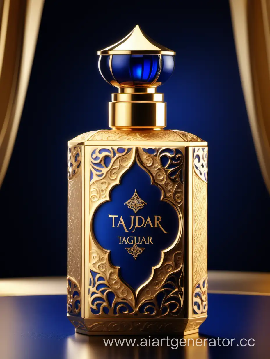 Box package design of perfume TAJDAR product, elegant, trending on artstation,   sharp focus,   studio photo,   intricate details,   highly detailed,   gold, Royal Blue and beige color on gold background