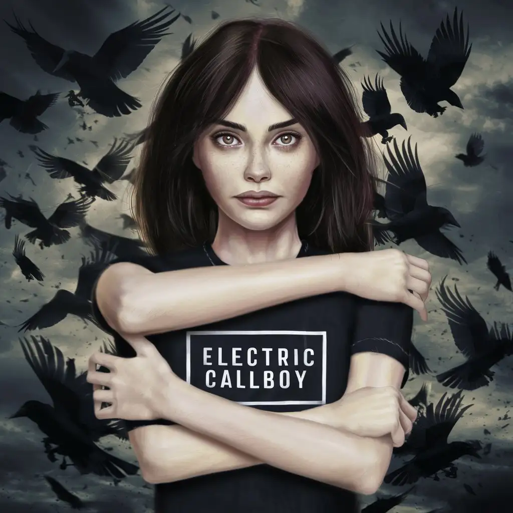 DarkHaired-Freelancer-Girl-with-Electric-Callboy-TShirt-Amidst-Flying-Crows
