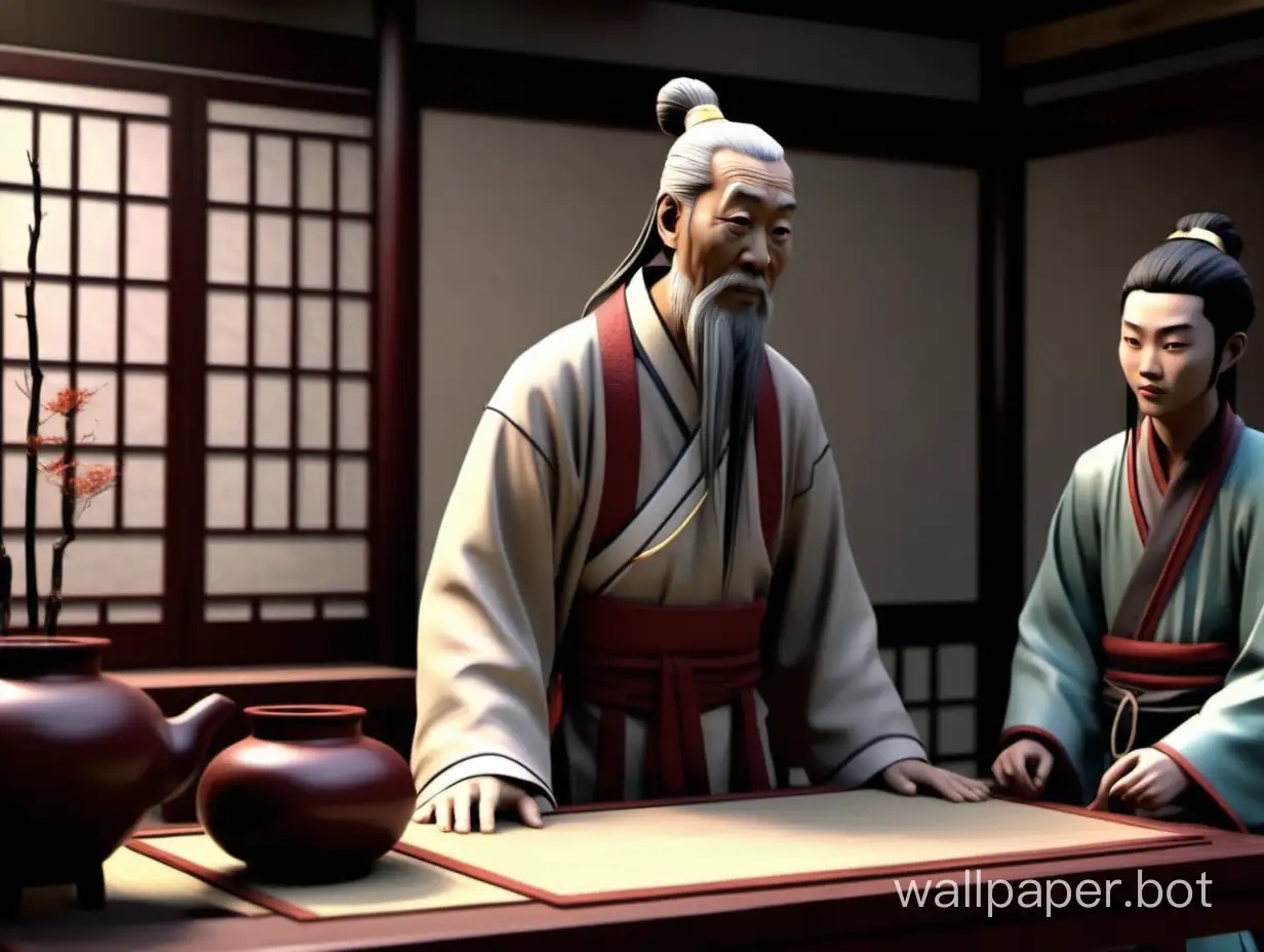 Create an animation picture of a scene with an ancient Chinese physician and his apprentice, featuring two characters, 1080p portrait orientation.