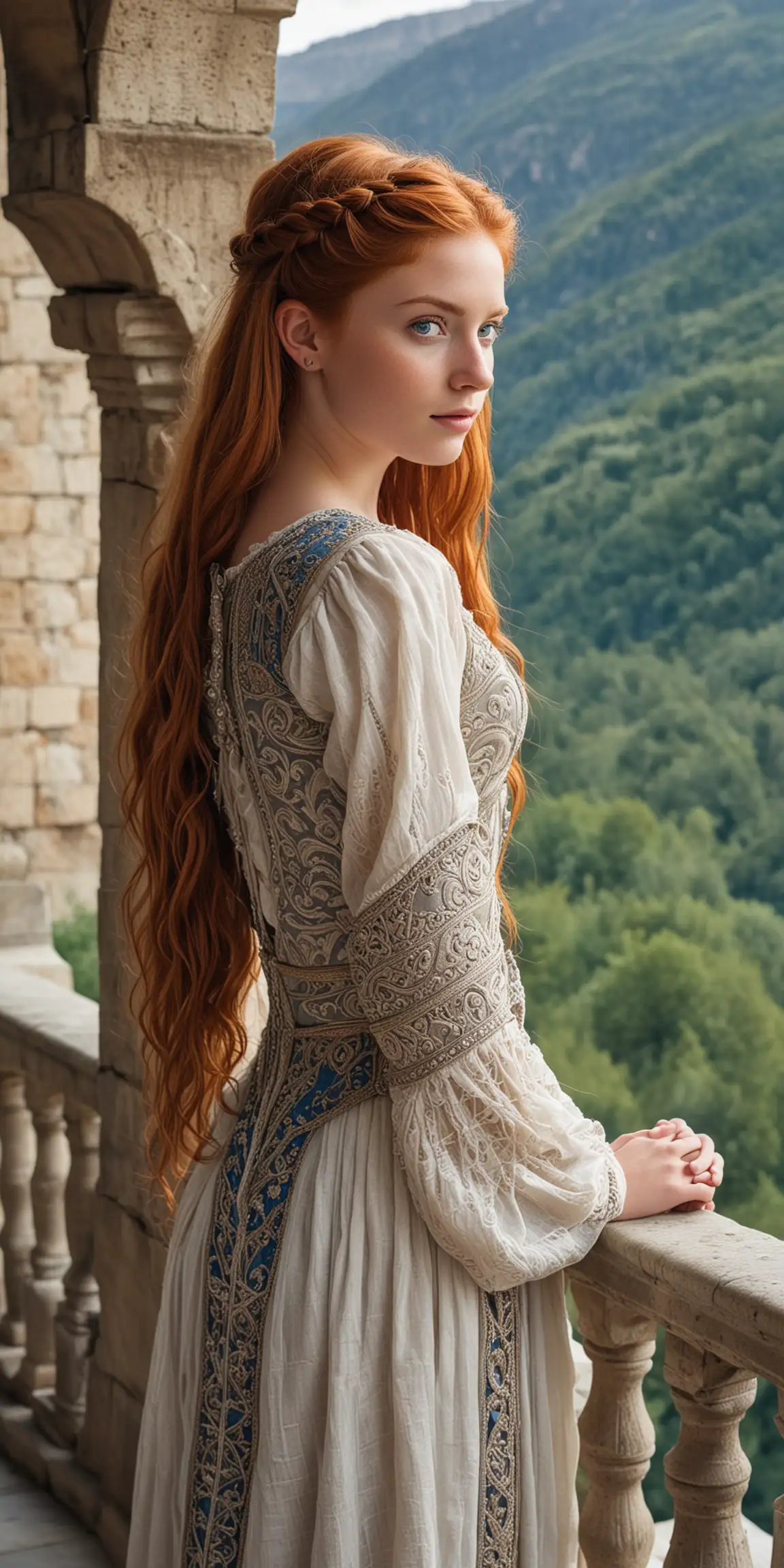 Young red haired teenage girl, beautiful and young, with blue eyes standing on a stone balcony overlooking mountains, braided hair, intricate medieval gown, medieval setting