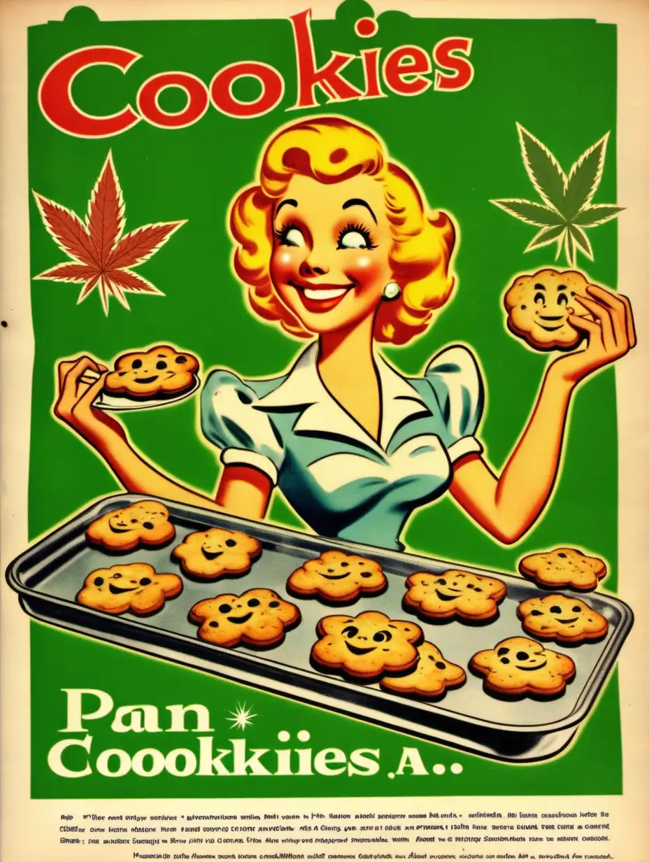 A 1950s advertisement with a vintage Disney style smiling Marijuana leaf holding a pan of cookies.