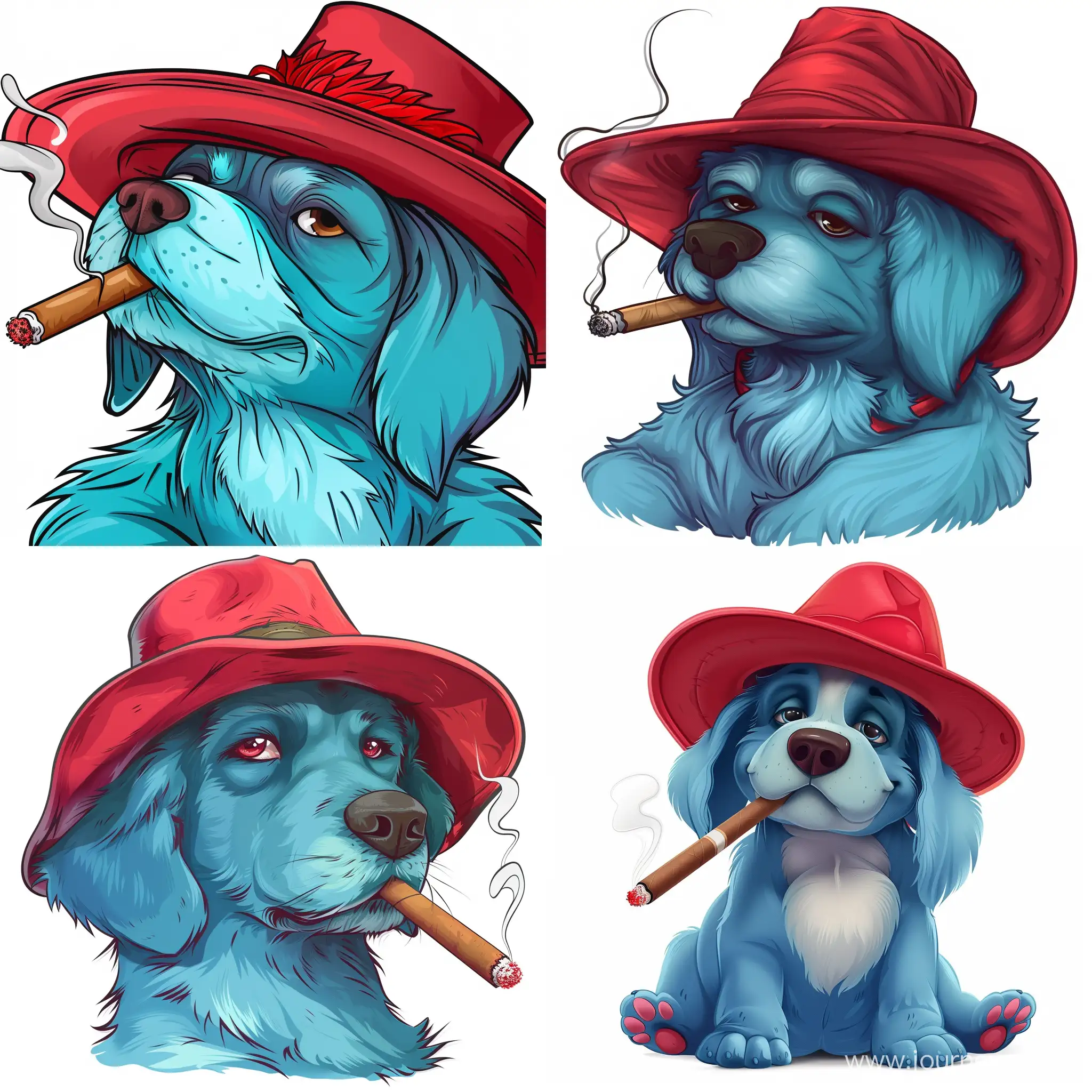 Animated-Blue-Dog-Smoking-Cigar-in-Red-Hat-on-White-Background