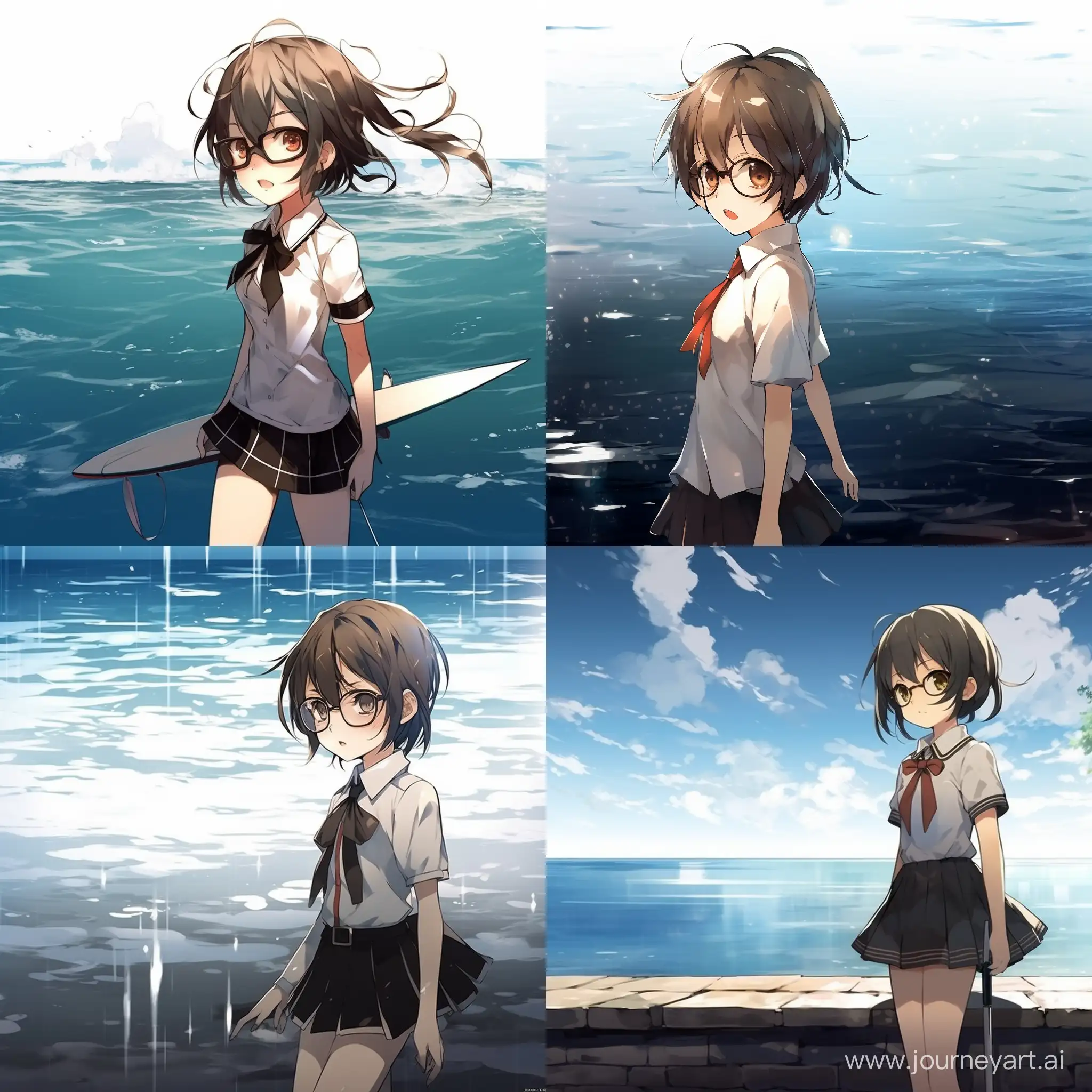 Anime girl swim near ocean with glasses 