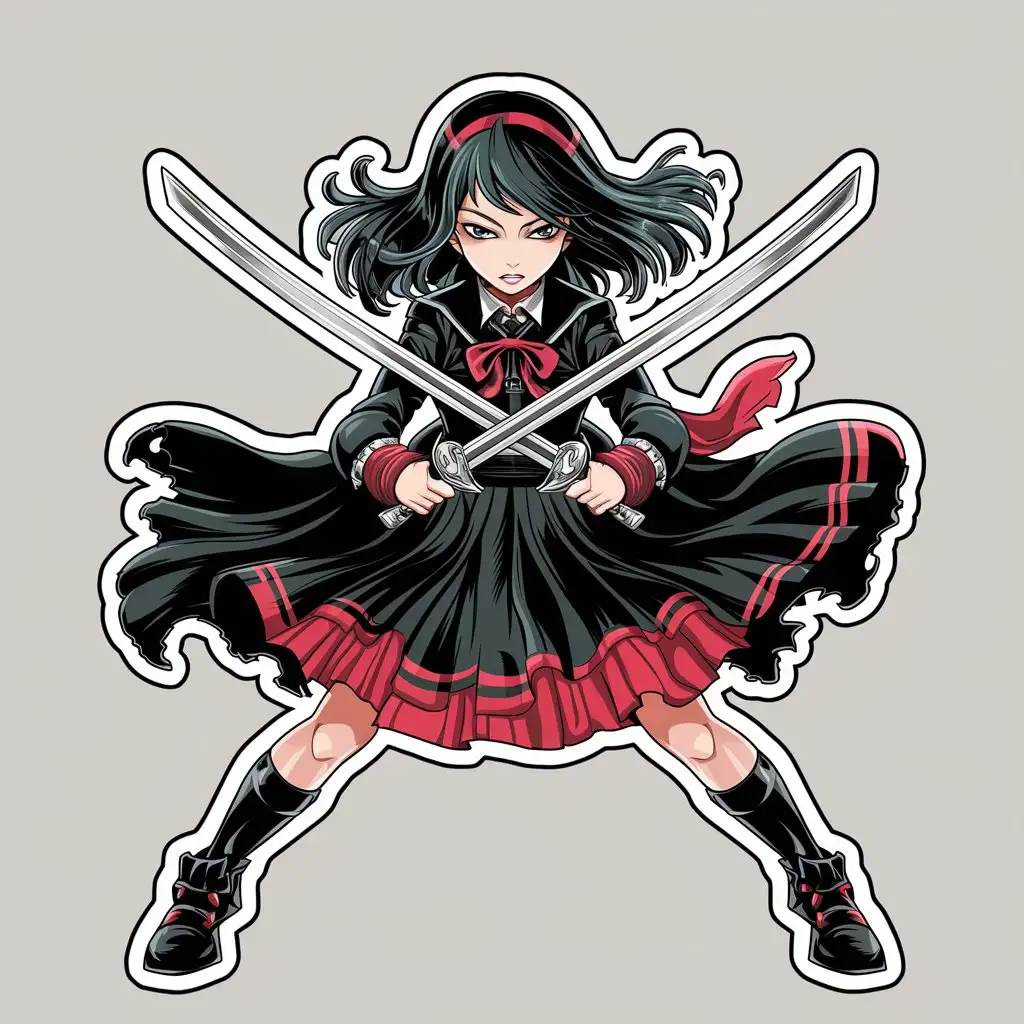teenage anime girl who is holding two crossed swords and standing in a fight pose stance; she is a gothic evil character wearing black and red; in the style of a comic book; white outline; plain background