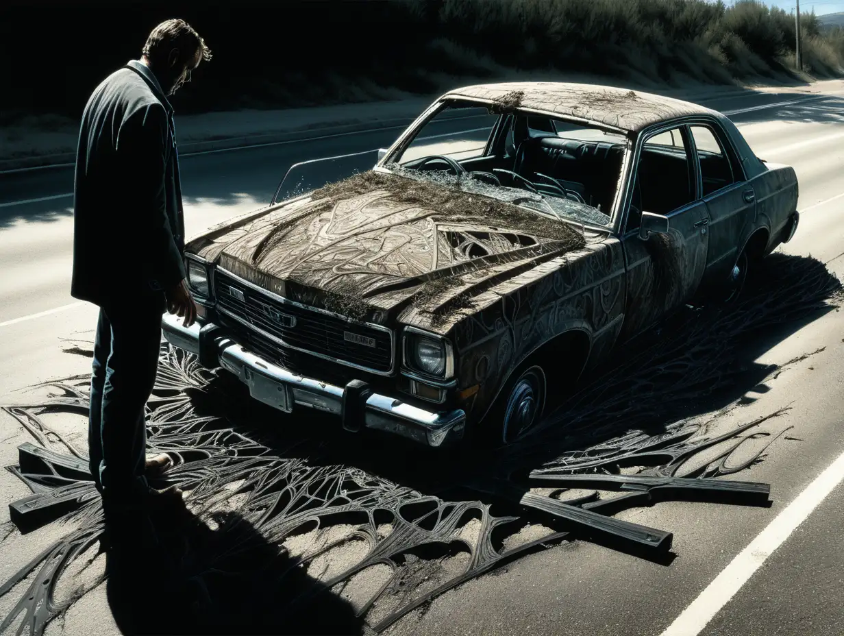 wrecked car, in the road, shadowy figure of a man standing over it, very intricately and microscopically detailed, with brush strokes