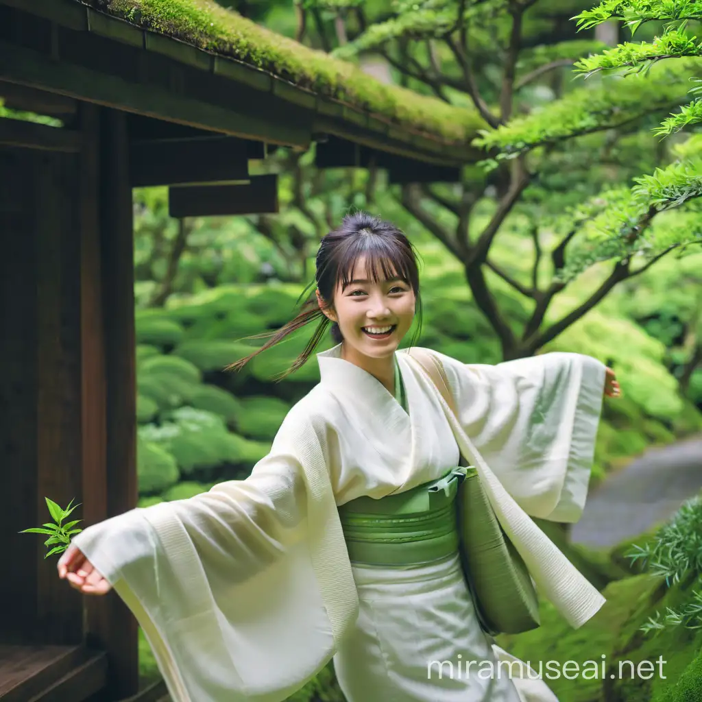 Shy Japanese girl, Filled with joy and enveloped in the essence of lush greenery, land of Japan. Her moment of unity with nature spreads happiness all around.