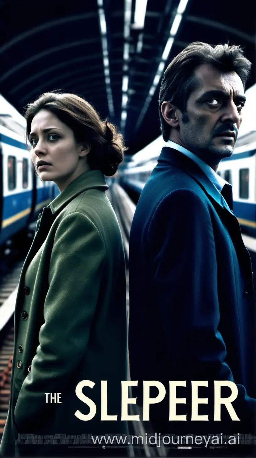 Film poster called The Sleeper. Portrait. Contemporary.  Two people stand on a train platform. Train pulls in. Thriller film. European.

