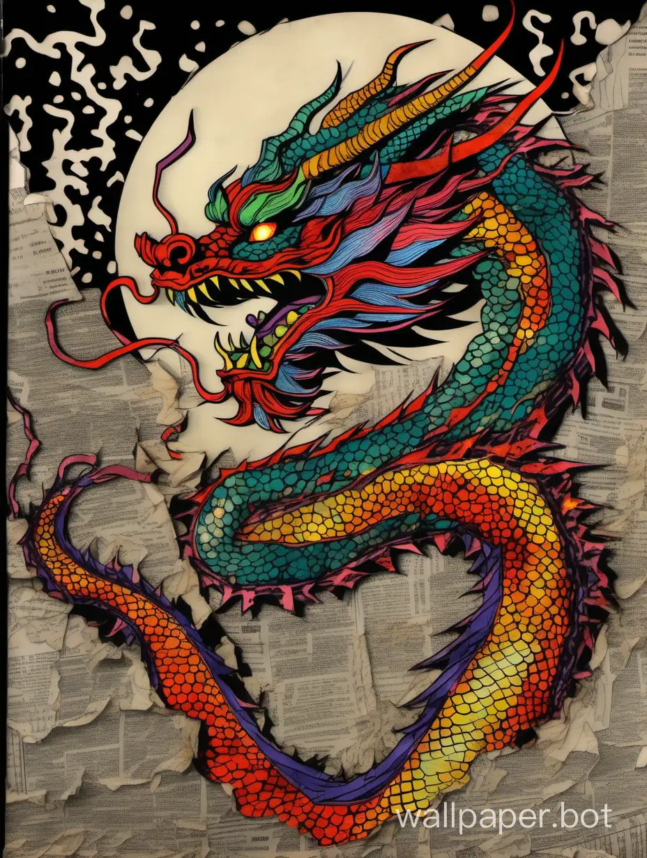 Chinese dragon, darkness, comic book art, hypercolored, surreal torn collage, very torn comic paper border, burn border