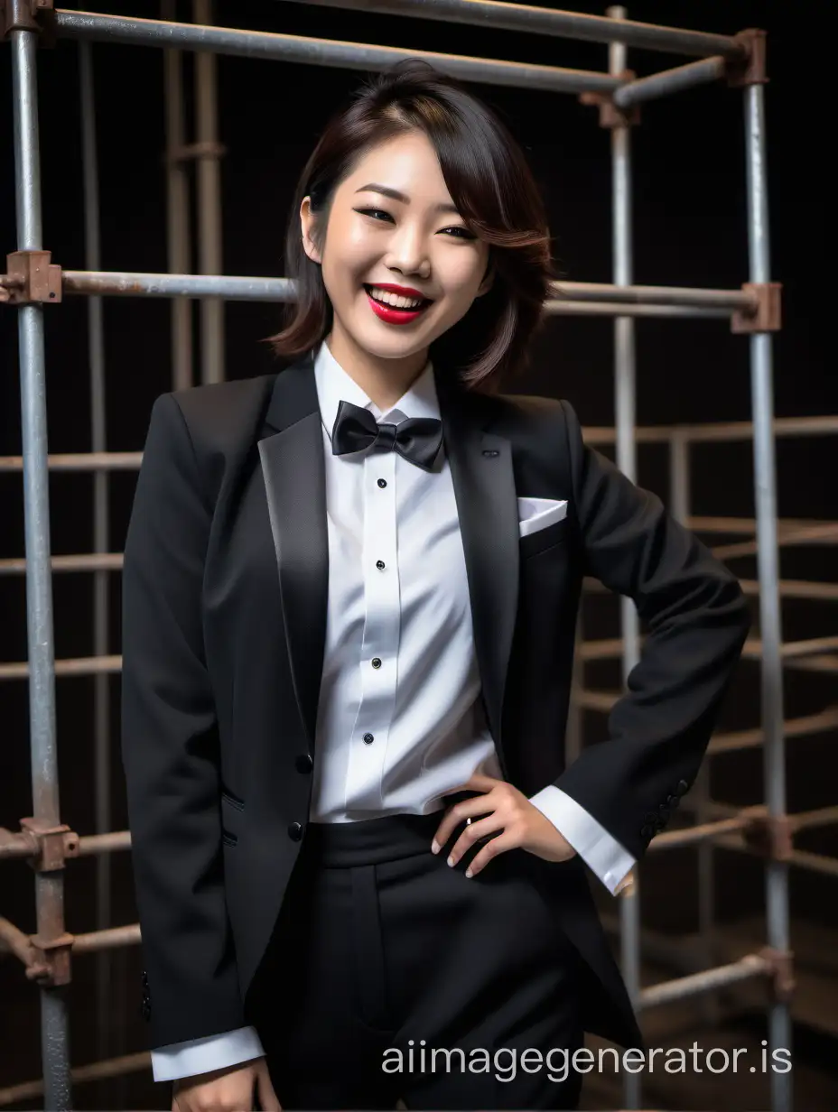 A stunning and cute and sophisticated and confident japanese woman with shoulder length hair and  lipstick wearing a black tuxedo with an open black jacket.   Her shirt is white with black cufflinks and a (black bow tie) and (black pants), standing on a scaffold facing forward, laughing and smiling.  Her shirt cuffs are showing.  The cuffs have cufflinks.  It is night.
