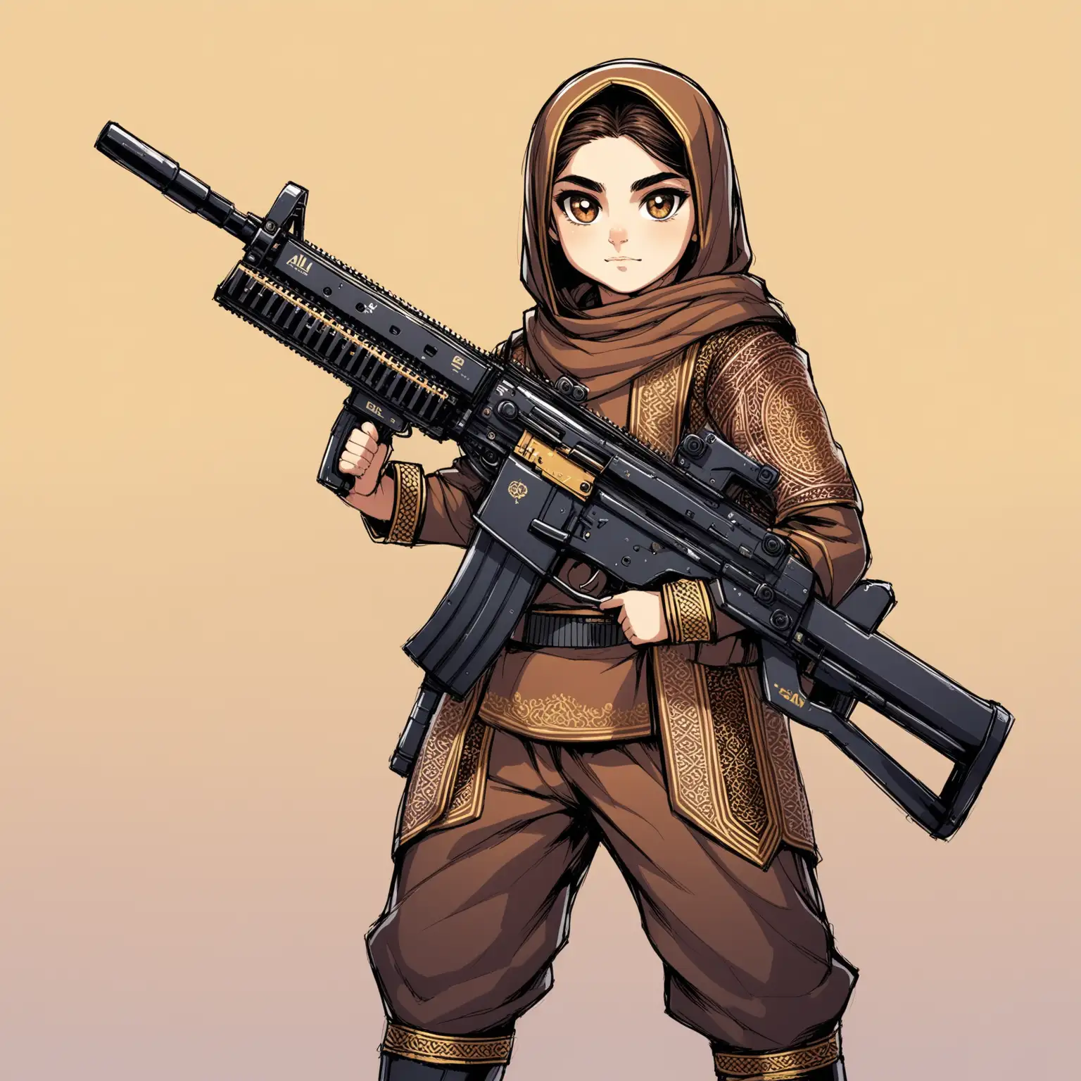 Defaults: Persian(face, language, design), 7 to 10 years old boys' favorite colors.

Atmosphere is IRIS Deylaman.

Ali is a Persian 10 years old warrior, super modern high-tech machine gun, clothes full of Persian designs, smaller eyes, bigger nose, white skin, brown eyes.