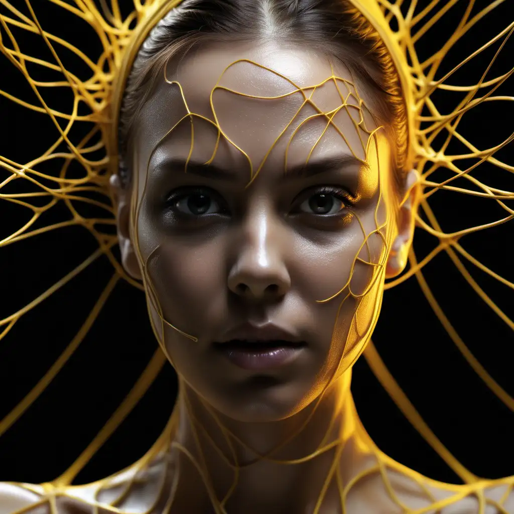 A mindblowing realistic
uhd 8k matrix style, detailed photography, dramatic lighting, black sharp background.
A stunning looking 23 year old woman, clean face, drawing a virtual 3 dimensional yellow glansing thin nerve network spin up in sloped curves, forming a vast amount of complex loops, ascending through various levels, thus being entangled with each other in a surreal way.