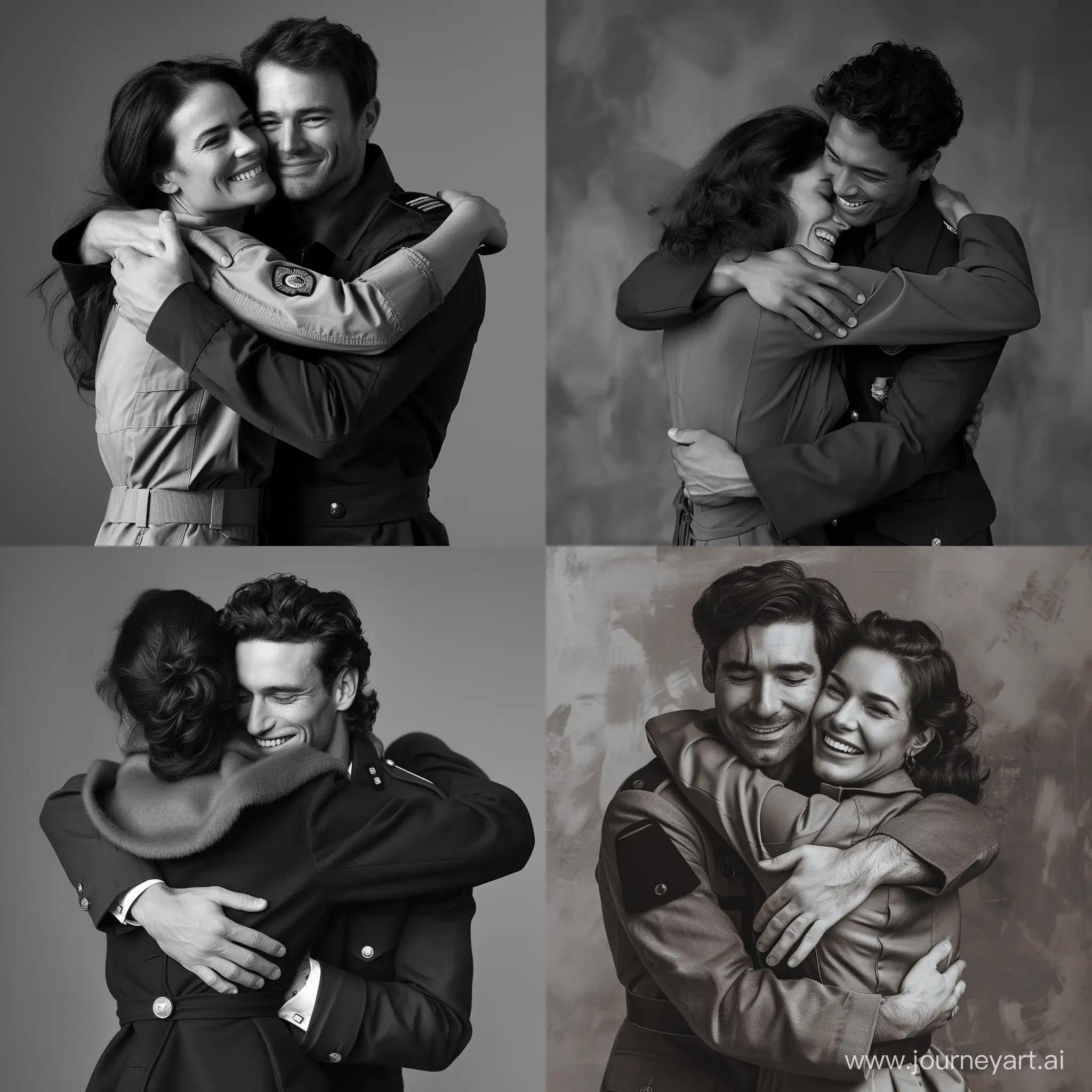 man hugs a woman, a smile, a stylish black and white magazine photo, a gray uniform background