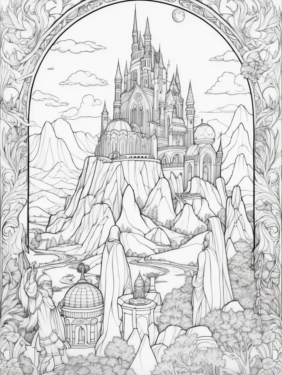 create a tall coloring page of a mythic world, thin black outlines, white fill, no shadows, no shading, no grayscaling
