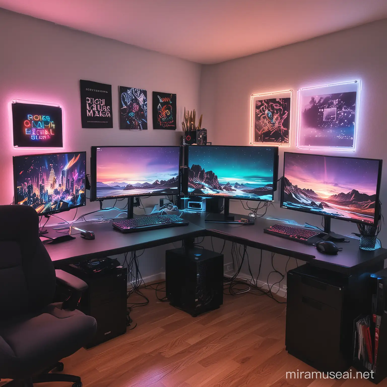 Modern HighEnd Computer Setup with RGB Lighting in Aesthetically Designed Room