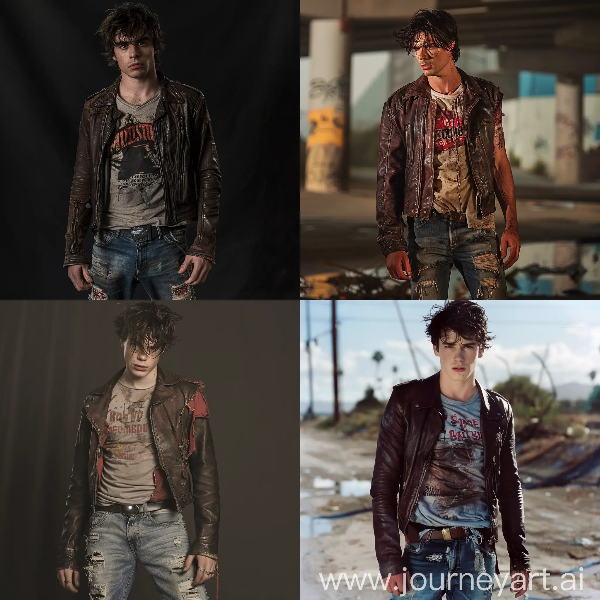 Cinematic-Shot-of-a-Lean-Man-in-Faded-Band-Attire-and-Leather-Jacket