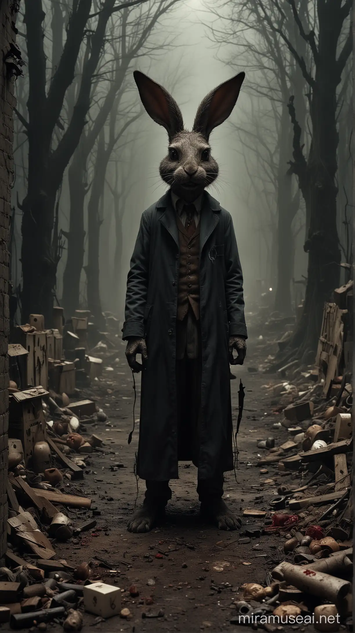 
In the eerie scene, the rabbit figure known as Frank stands amidst a backdrop of macabre elements, enhancing his mysterious and terrifying presence. Surrounding him are broken toys, twisted and contorted into grotesque shapes, adding to the unsettling atmosphere. Sinister jack-in-the-boxes litter the scene, their lids popping open to reveal horrifying surprises within.

Blood stains the environment, stark against the bleak backdrop, hinting at dark deeds and ominous occurrences. The air is thick with a sense of foreboding, as if the very shadows themselves are alive with malevolent intent.

Frank's appearance is intensified by his eyes, which blaze with an otherworldly flame, casting an eerie glow that illuminates the darkness around him. His fur is matted and unkempt, devoid of any hint of cuteness, instead exuding a menacing aura that sends shivers down the spine.

His mouth curls into a malicious grin, revealing sharp teeth that glint in the dim light, hinting at a sinister intelligence lurking behind his unsettling visage. With every fiber of his being, Frank exudes an aura of fear and dread, commanding the attention of all who dare to gaze upon him in this nightmarish tableau.