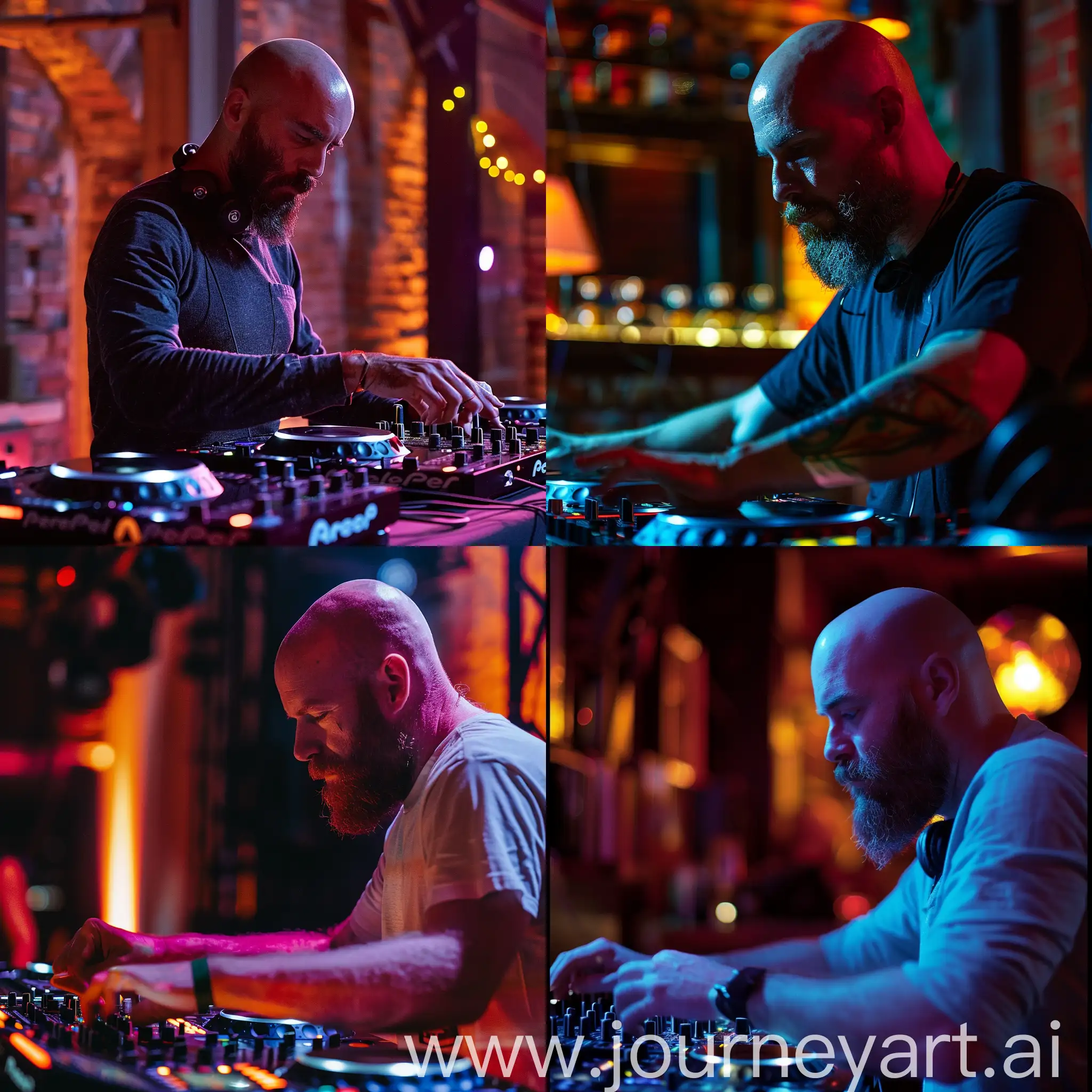 A bald and bearded DJ doing his job in a festive atmosphere with dimmed lighting.