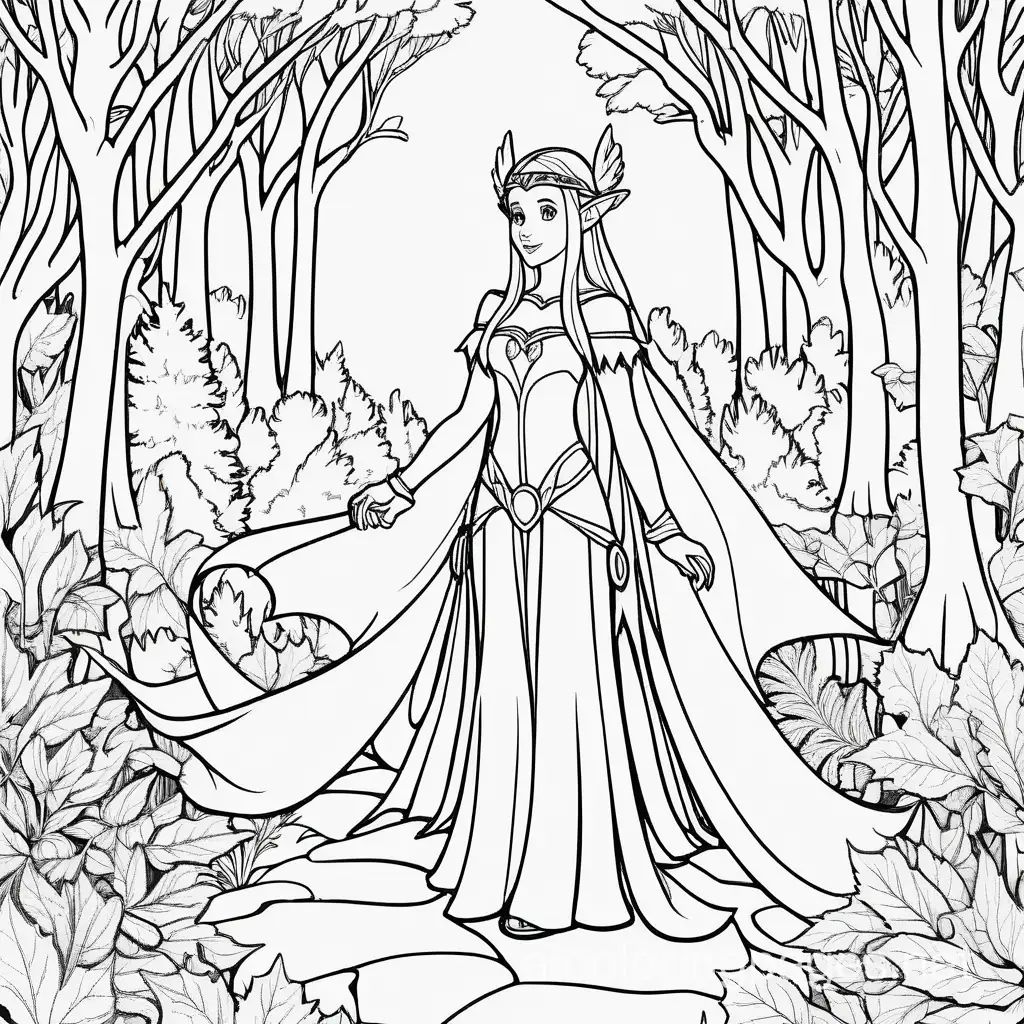 coloring page elf princess in a mystical forest, bold lines, Coloring Page, black and white, line art, white background, Simplicity, Ample White Space. The background of the coloring page is plain white to make it easy for young children to color within the lines. The outlines of all the subjects are easy to distinguish, making it simple for kids to color without too much difficulty