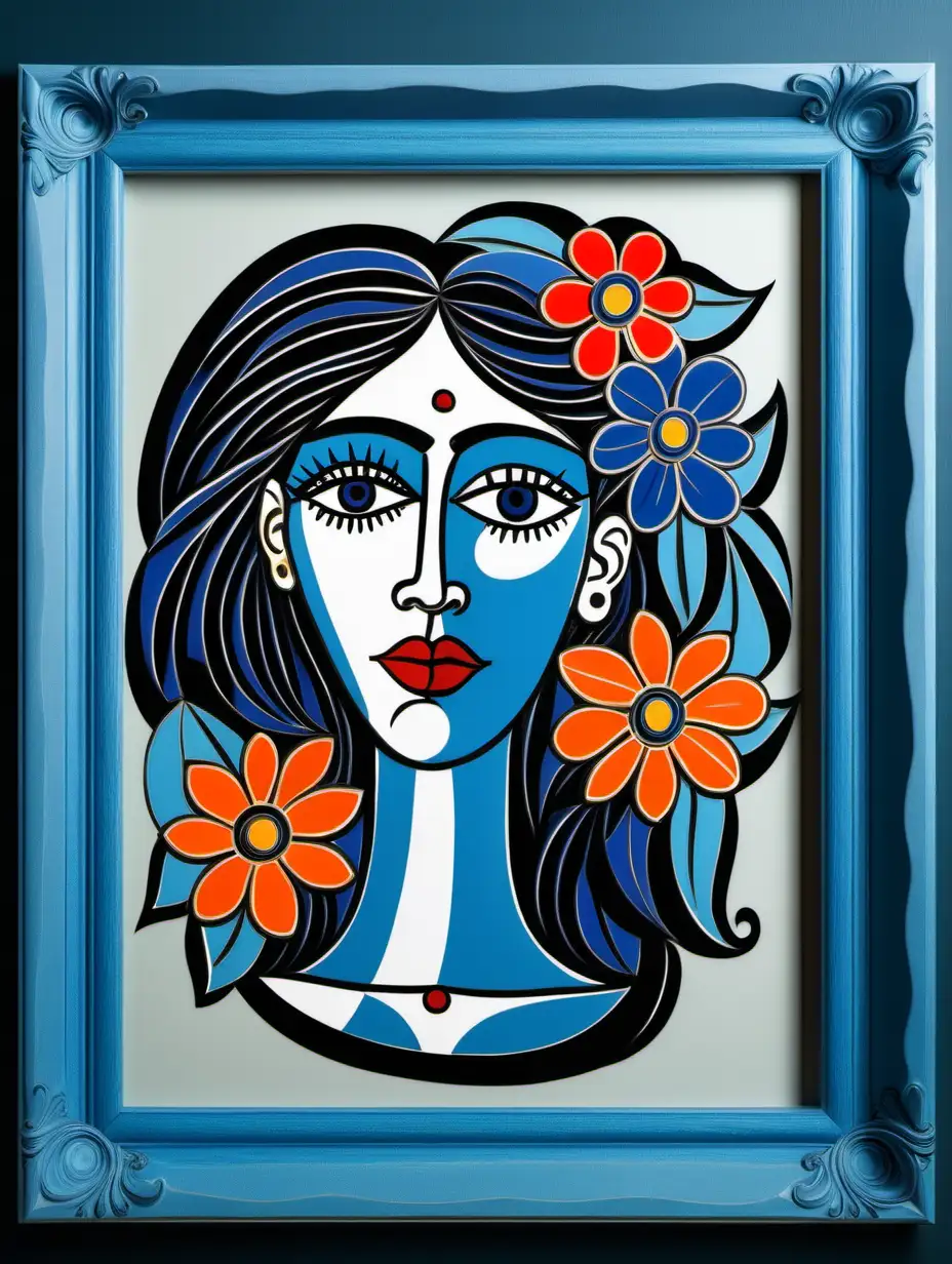 Picasso Style Woman with Flower Adorned Hair in Elegant Blue Frame