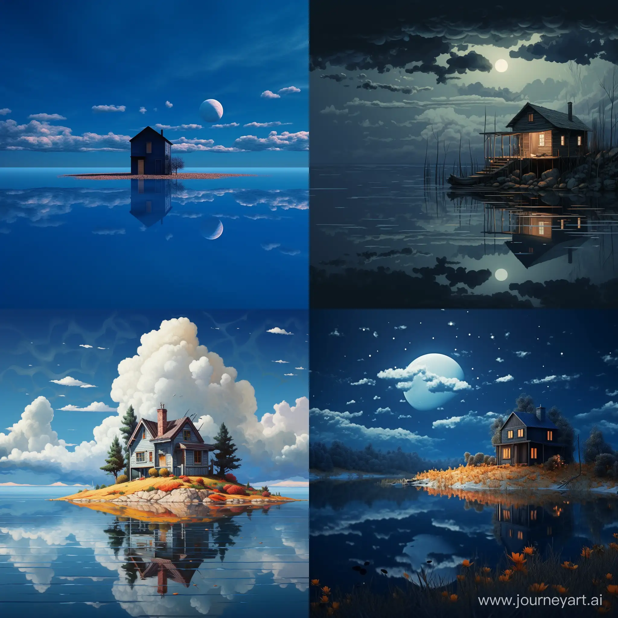 a house next to lake, deep, in the Digital style, meticulous realism, sky deep blue, 