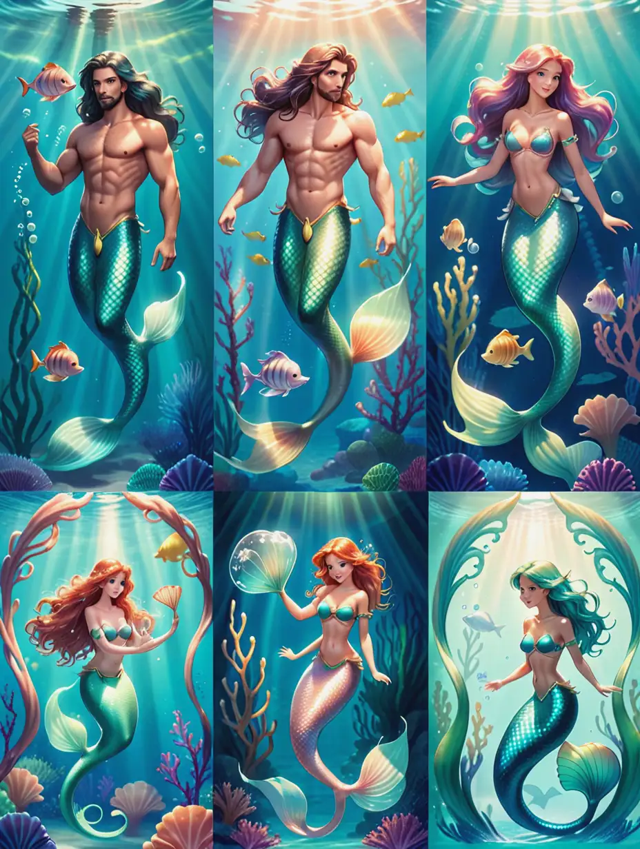 background papers of male mermaids from Atlantis in soft faded colours 