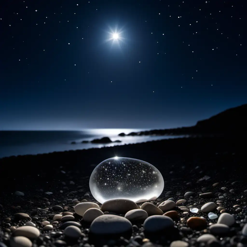 A completely transparent pebble through which we can see the starlit sky and a bright moon over a darkened horizon