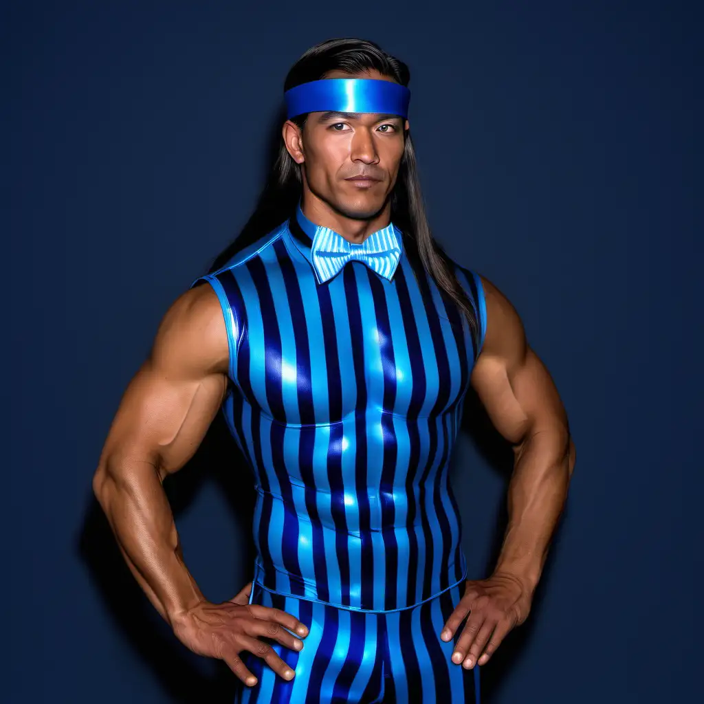muscular Native Mojave man, long hair, navy blue pacific blue skintight horizontal striped costume, bowtie, transparent visor, Las Vegas, night