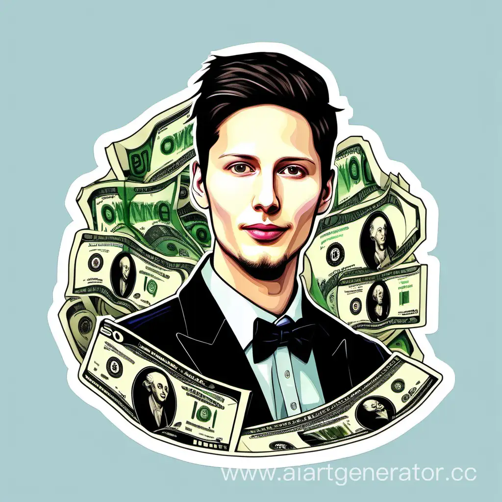 Pavel Durov is swimming in money. White background sticker style