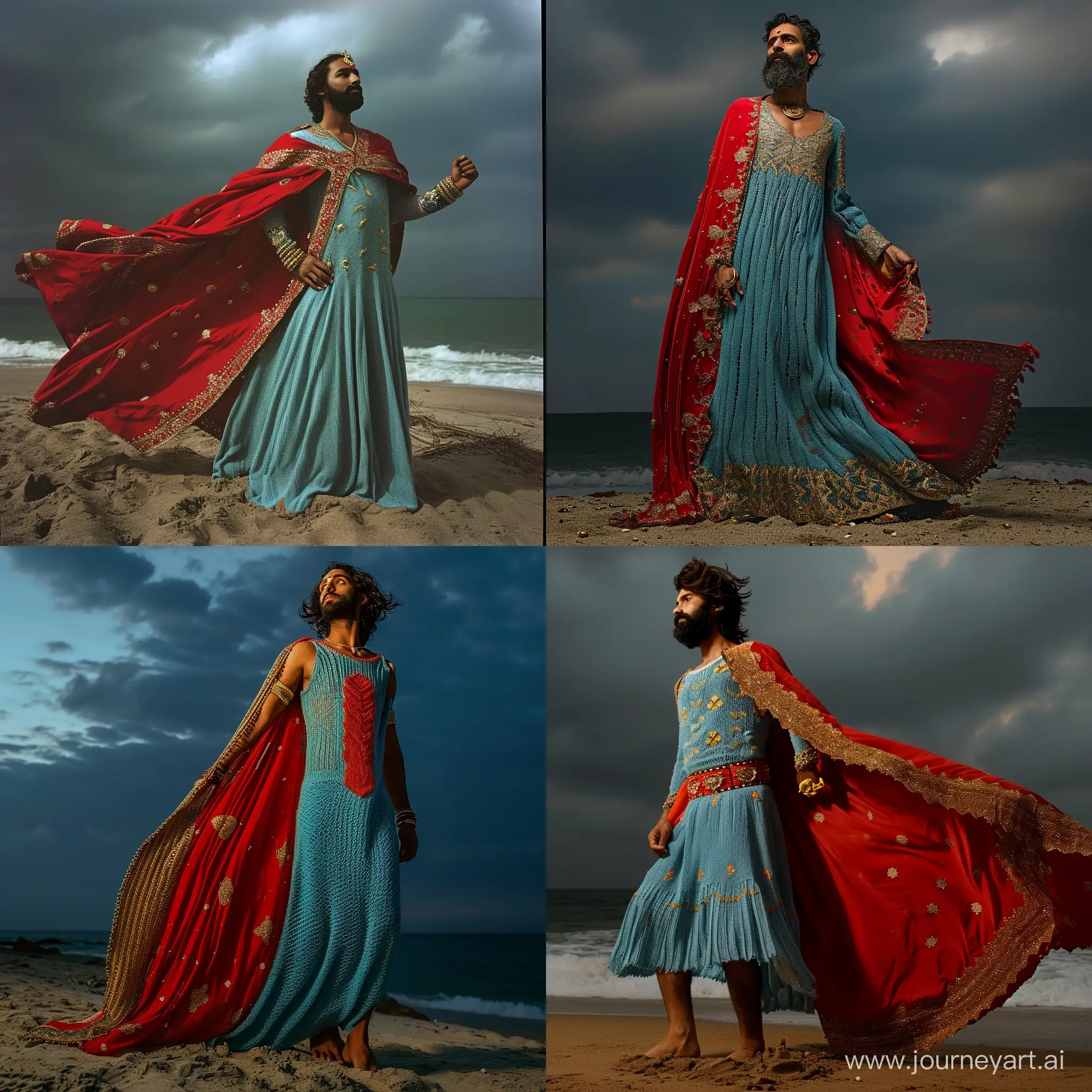  hippie  men india in knitted bleu dress  with red cape with gold on the beach with dark sky