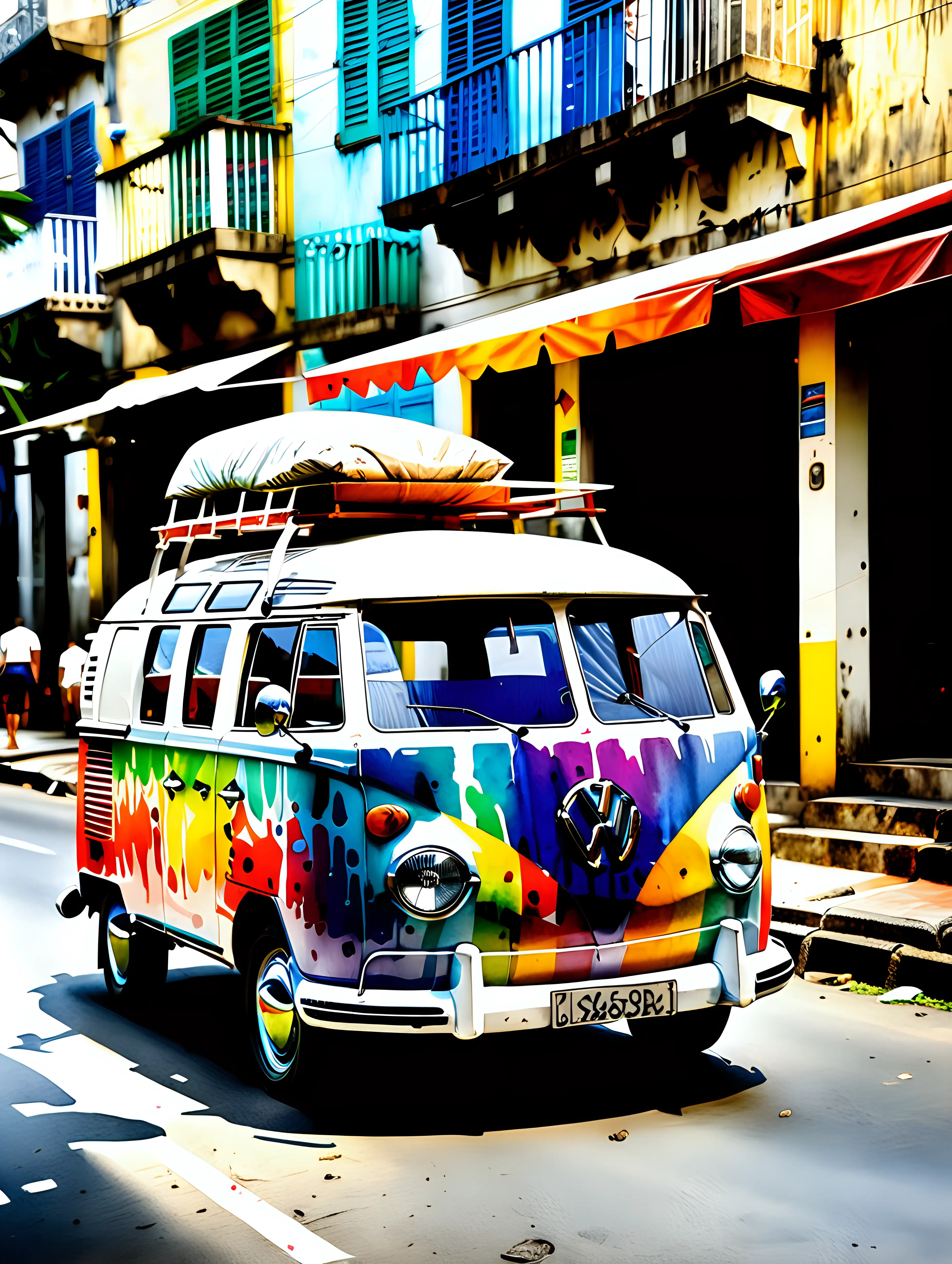 Vibrant Watercolor Painting of a 1960 VW Kombi in Rio de Janeiro