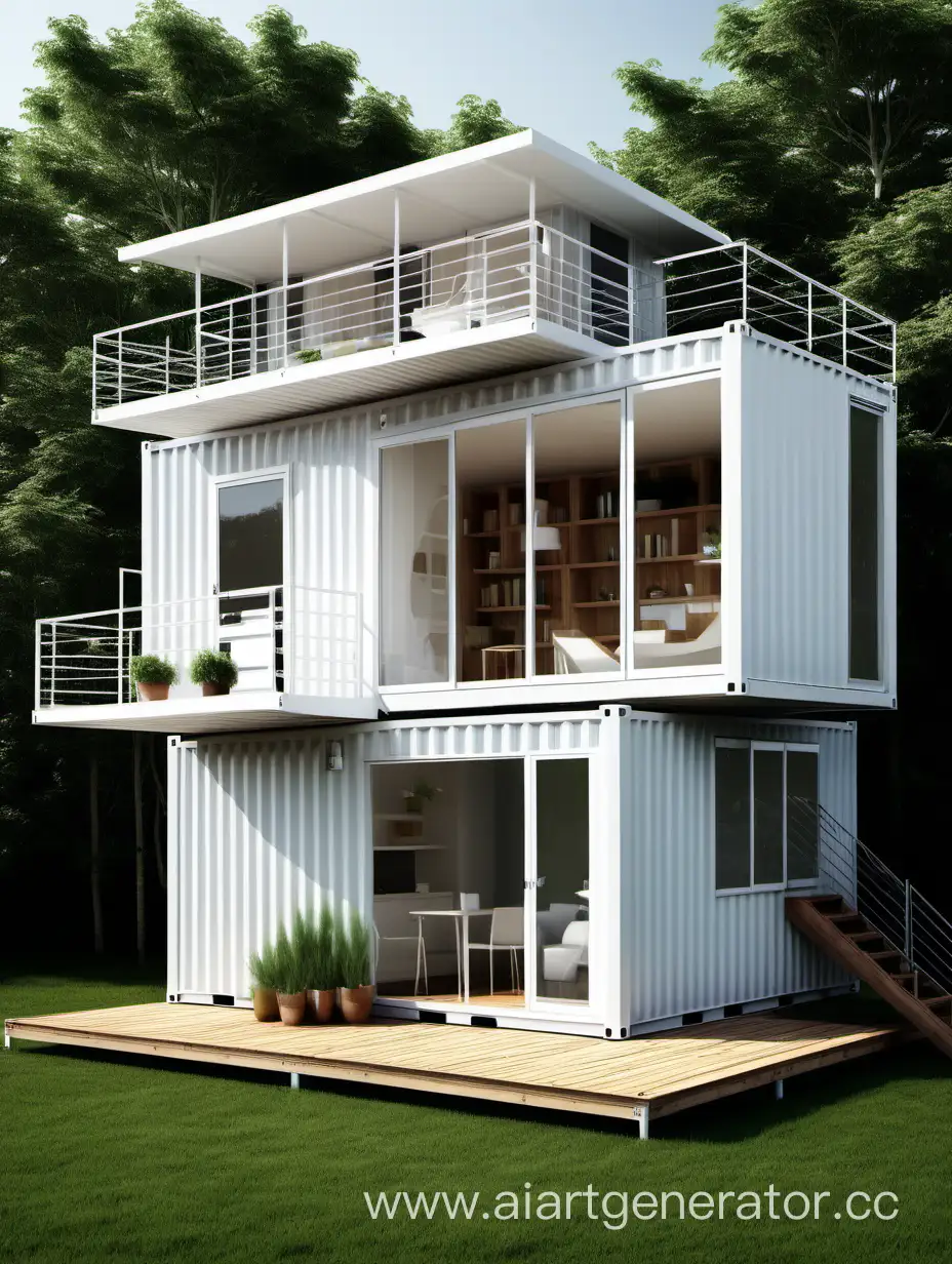 
Creative container house, white, with a terrace on the top, stairs on the side to reach the top, and lawn on the ground